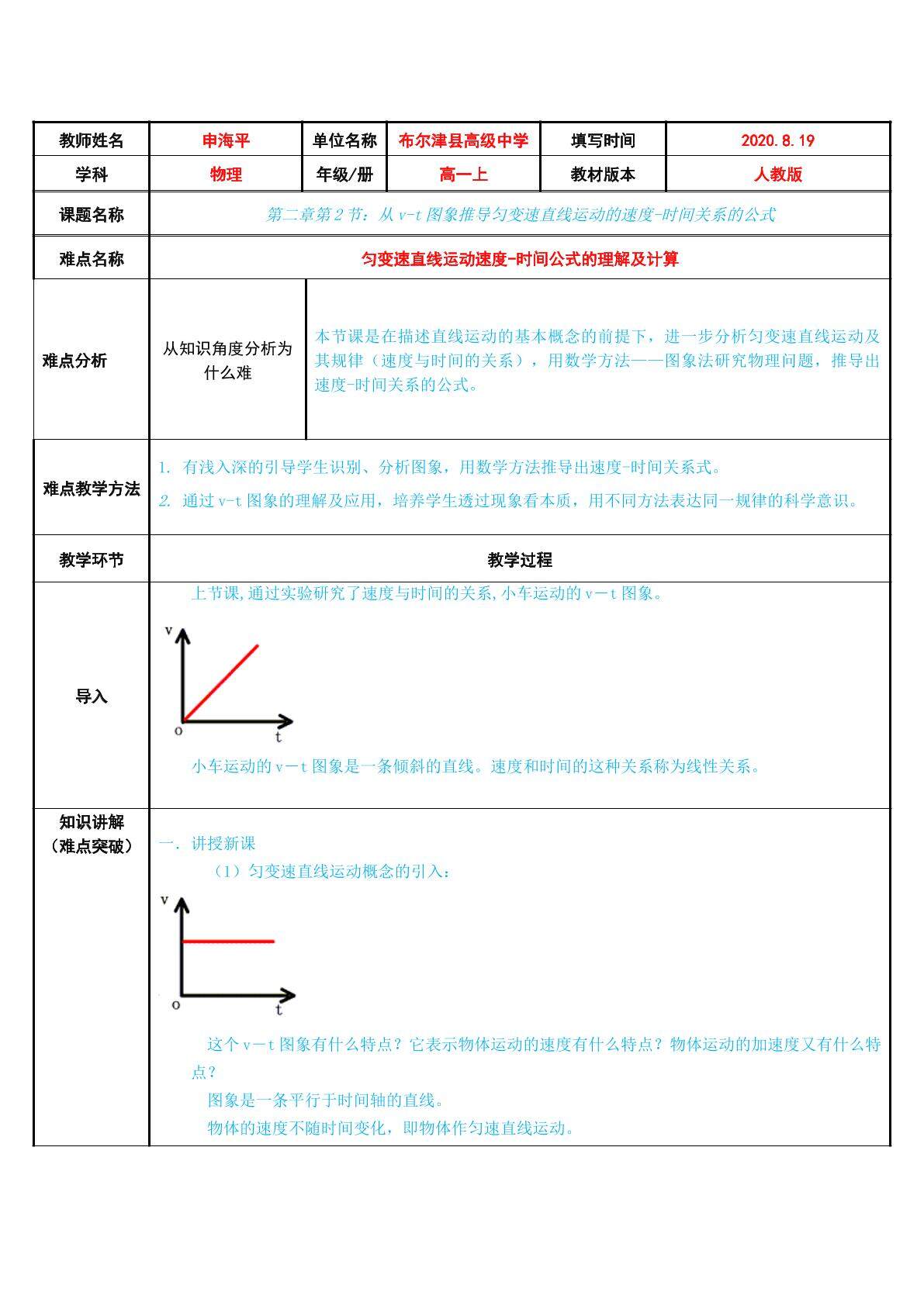 从v-t图象推导匀变速直线运动的速度-时间关系的公式