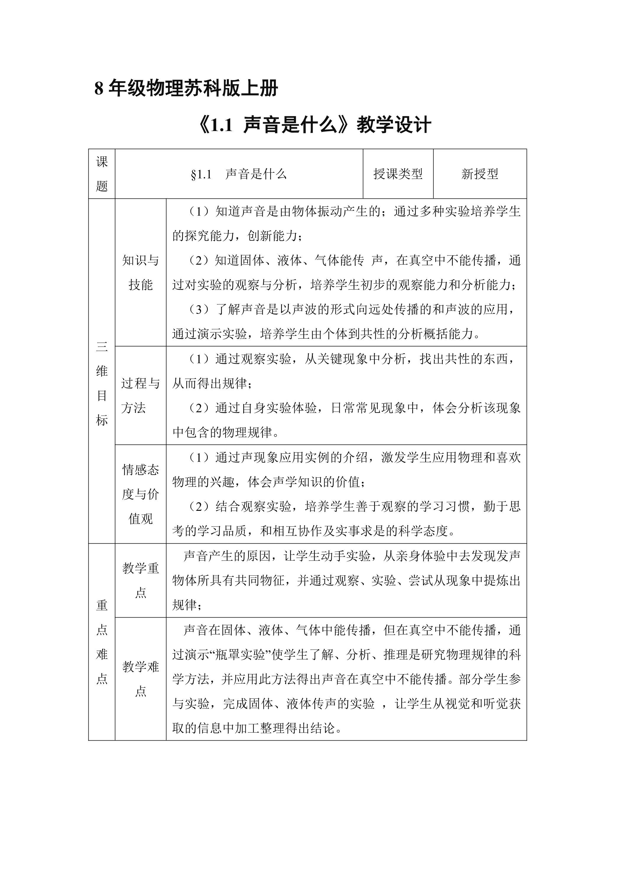 【★★★】8年级物理苏科版上册教案《1.1 声音是什么》