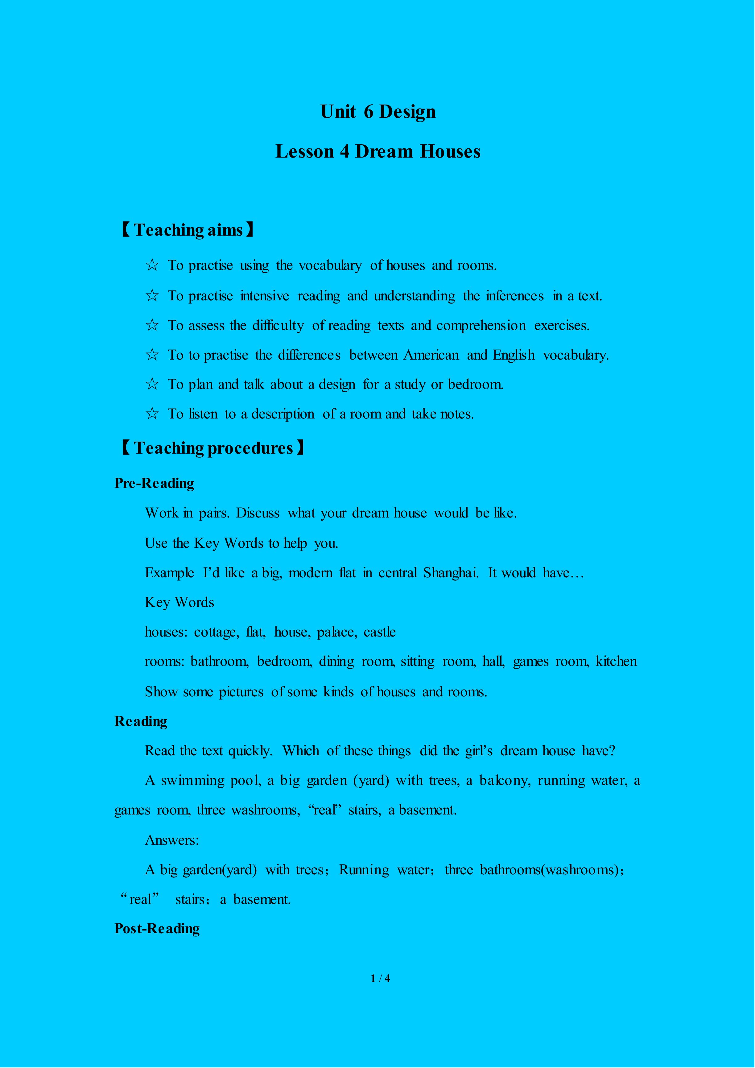 Lesson 4 Dream Houses_教案1