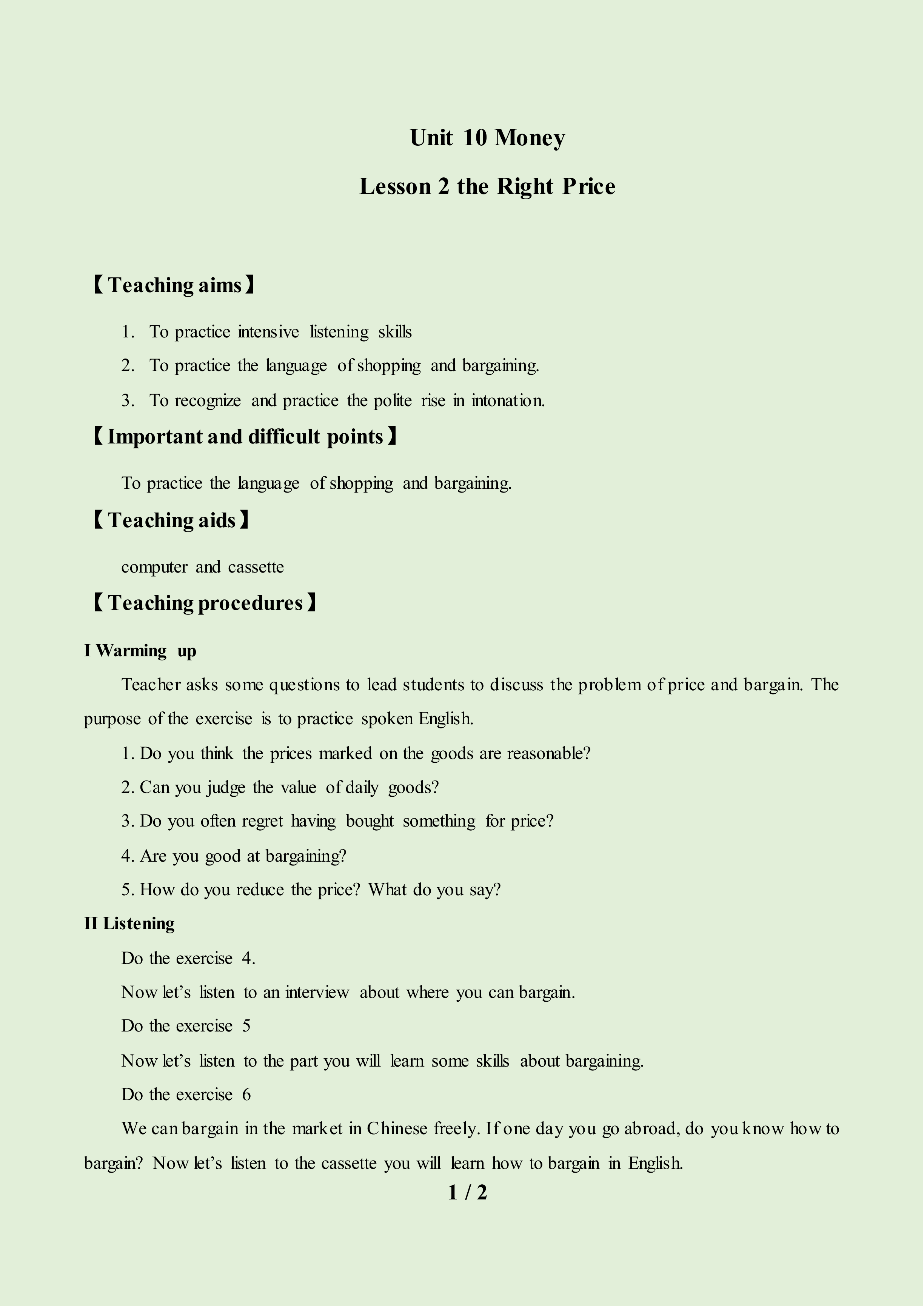 Lesson 2 The Right Price_教案1