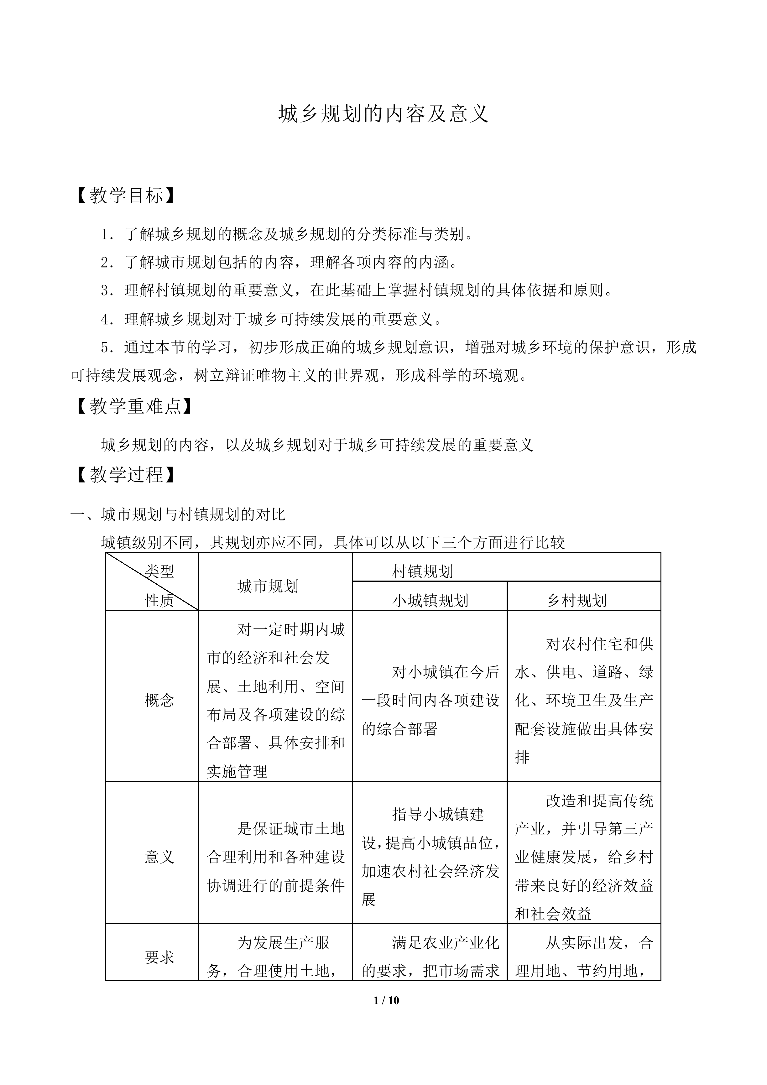 城乡规划的内容及意义_教案1