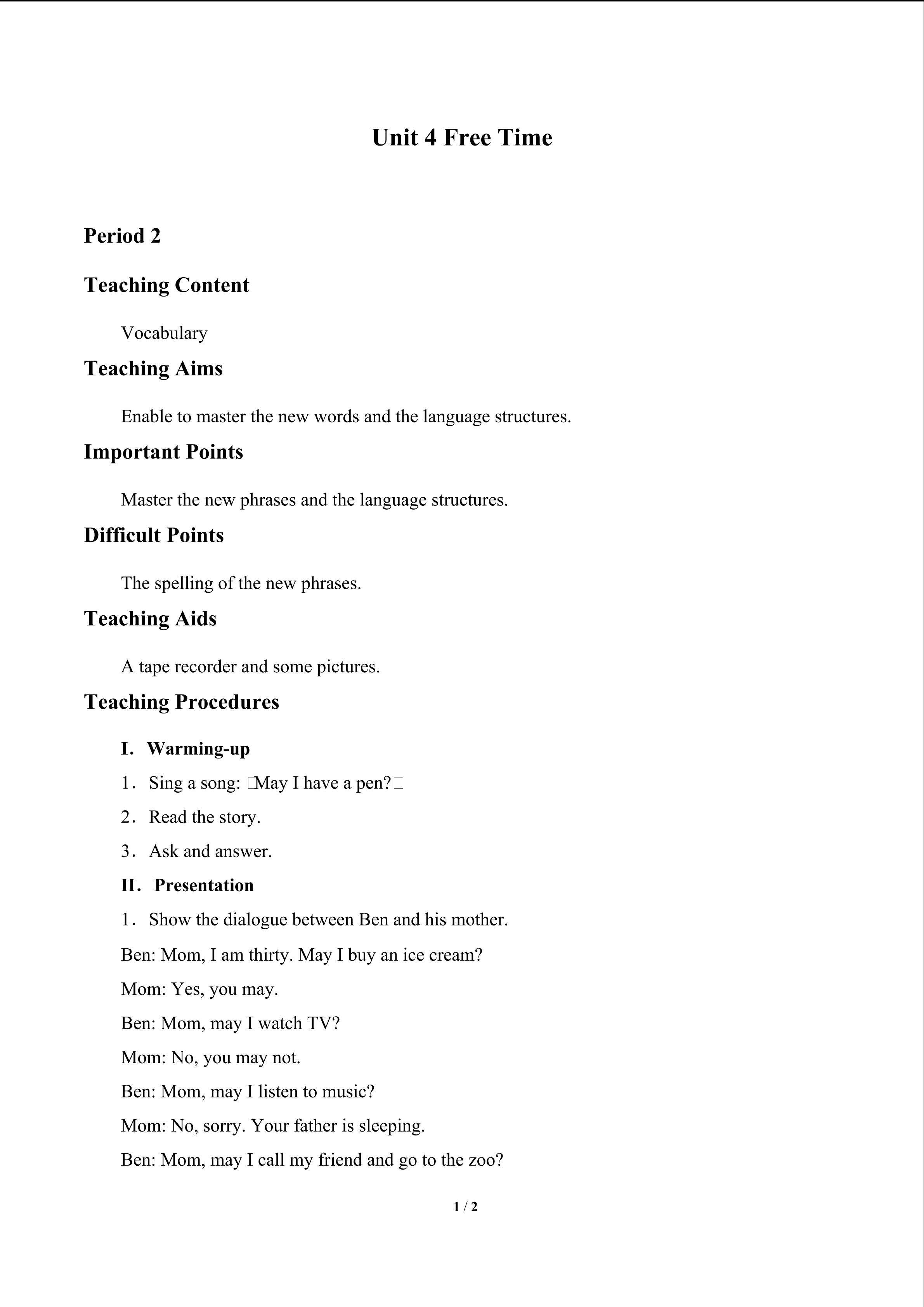 Unit 4 Free Time_教案2