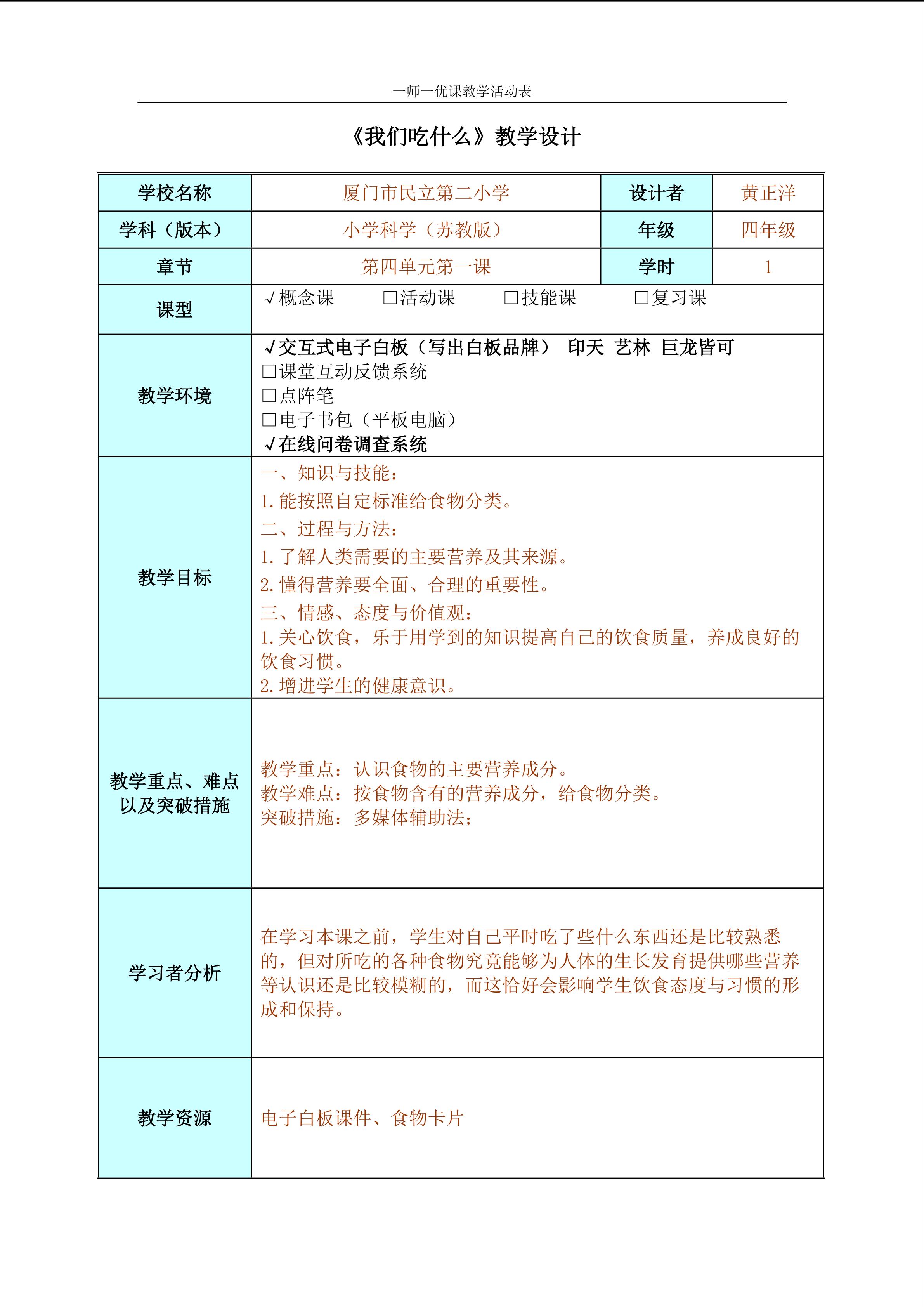 厦门市民立第二小学_黄正洋_《我们吃什么》教学设计表