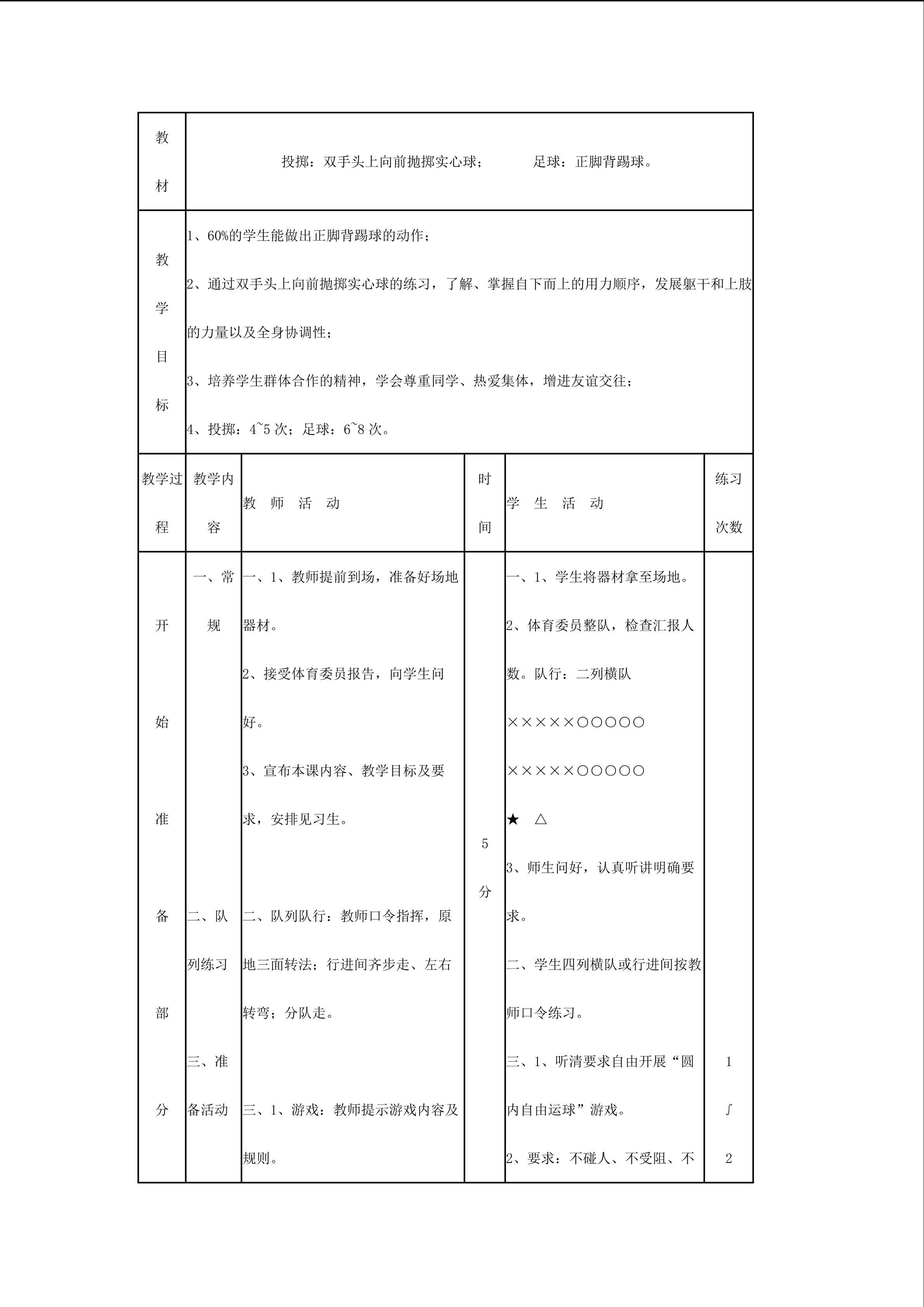 投掷：双手头上向前抛掷实心球；      足球：正脚背踢球。