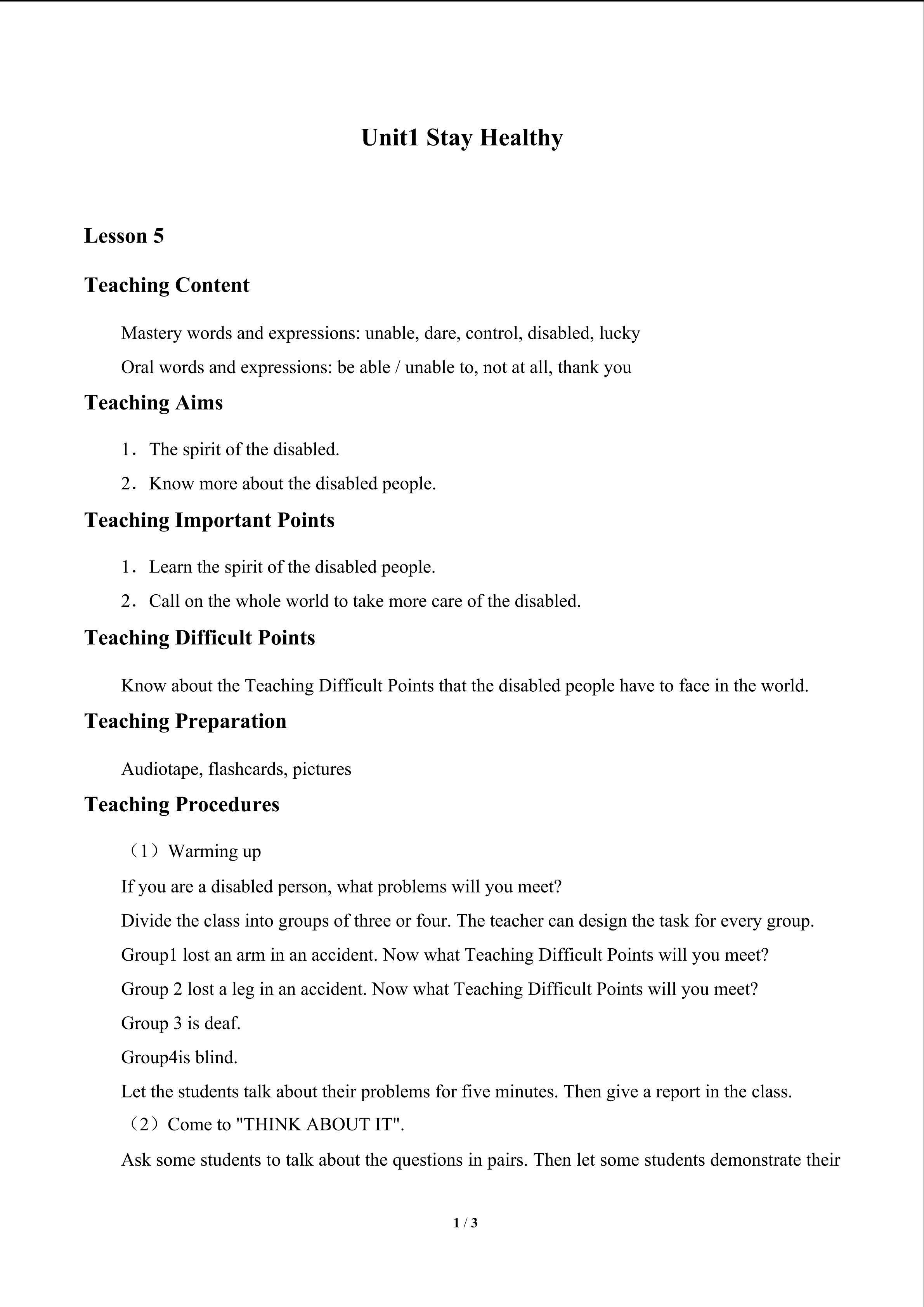 Unit 1 Stay Healthy_教案5