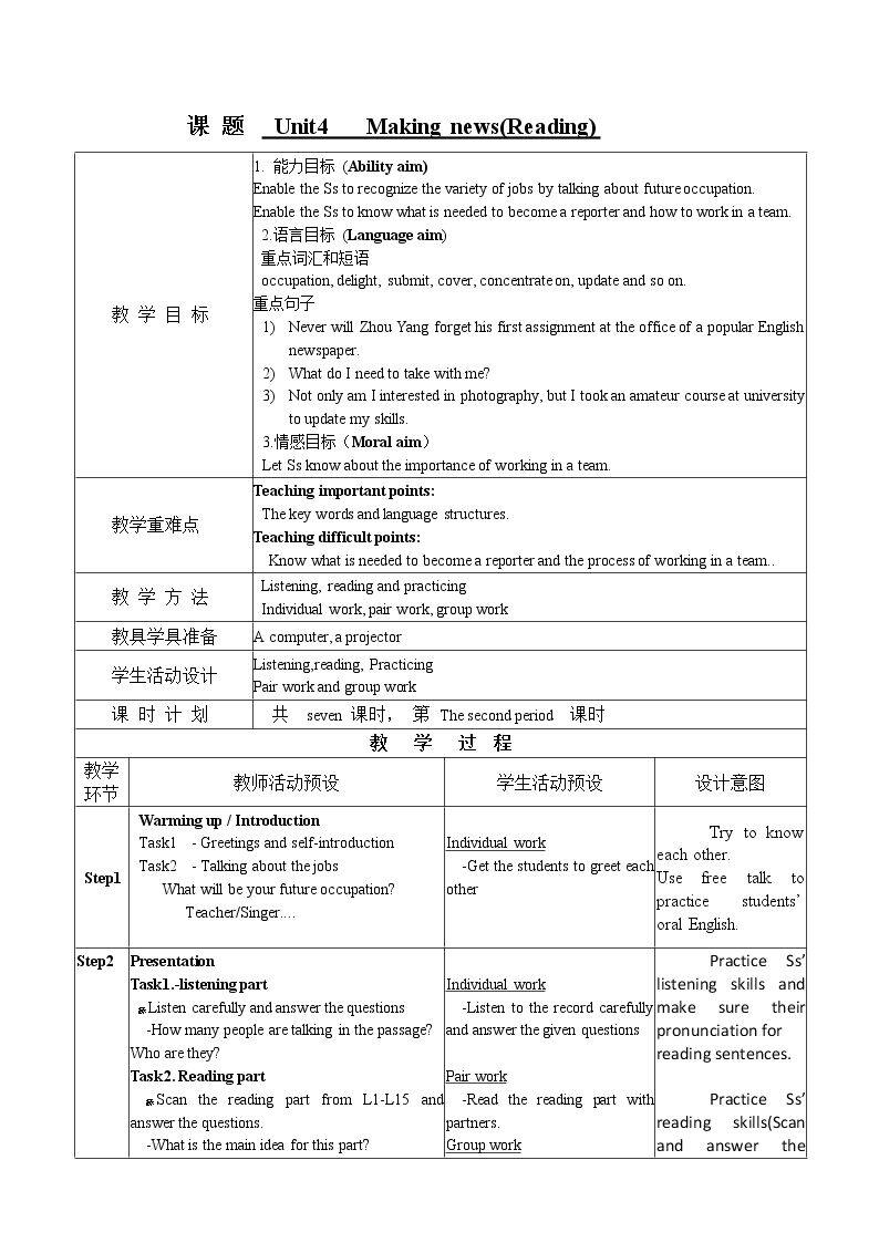 Warming up、Pre-reading、Reading、Comprehending