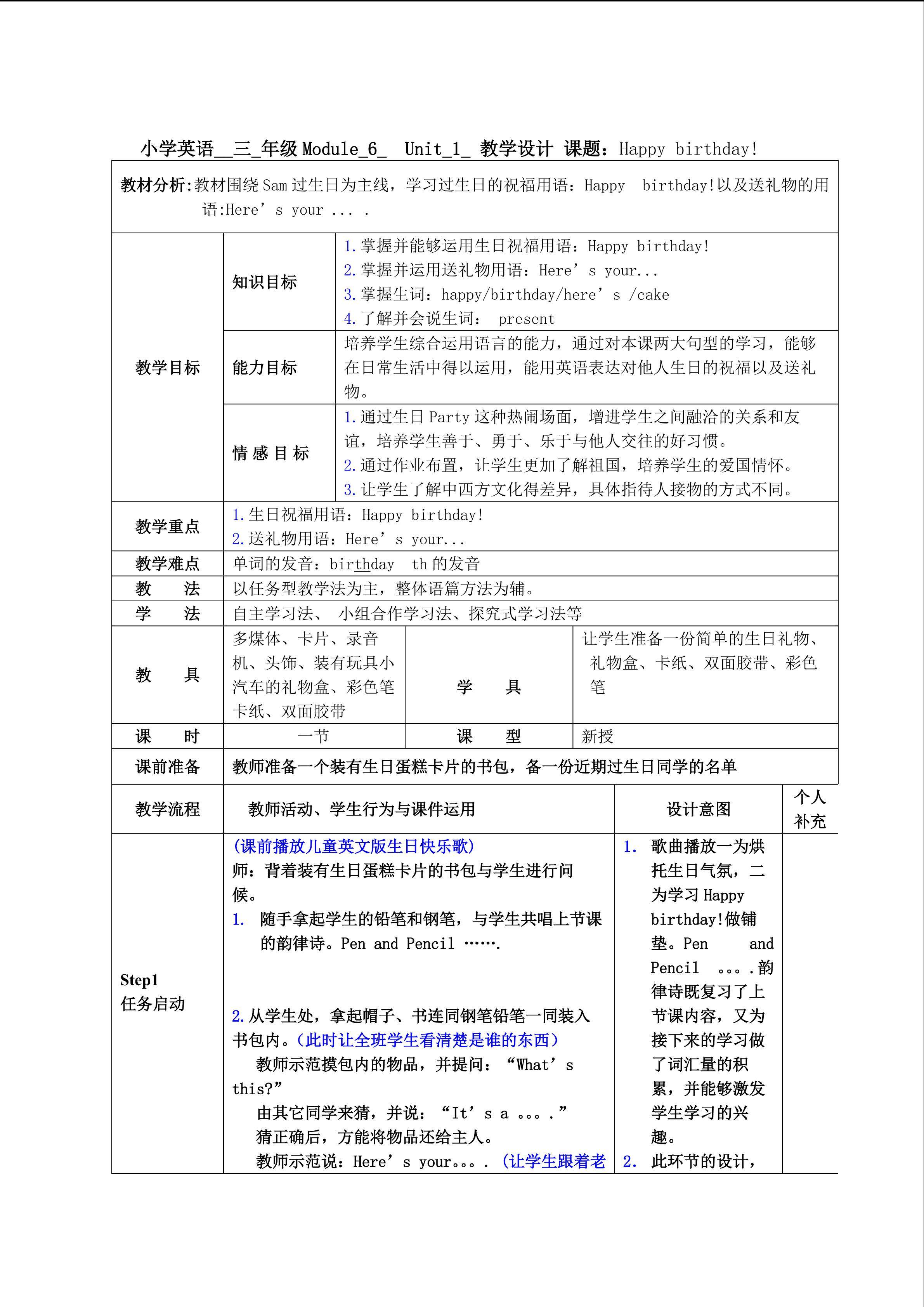 Module6Unit1 Happy birthday 教学设计
