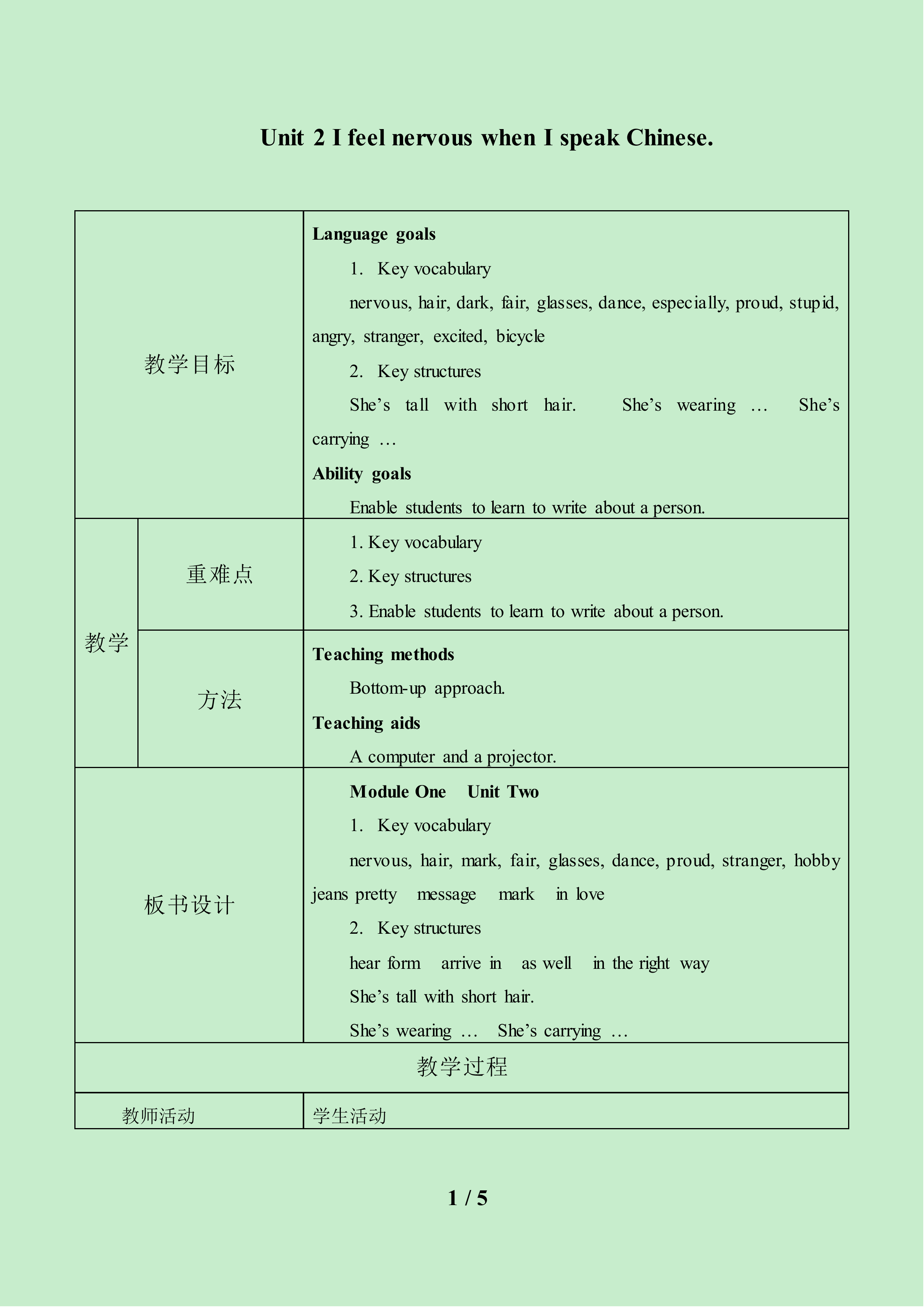 Unit 2 I feel nervous when I speak Chinese._教案1