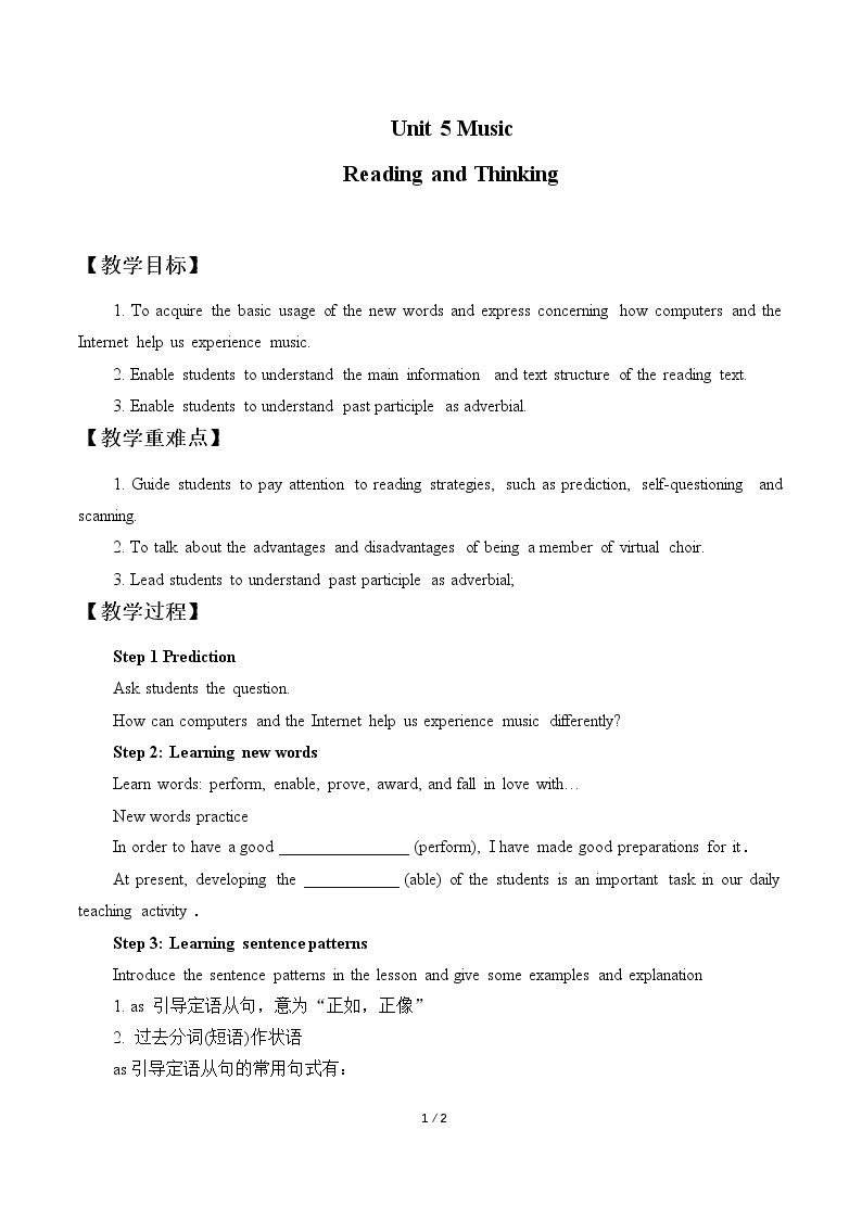Unit 5 Unit 5 Music-Reading and Thinking