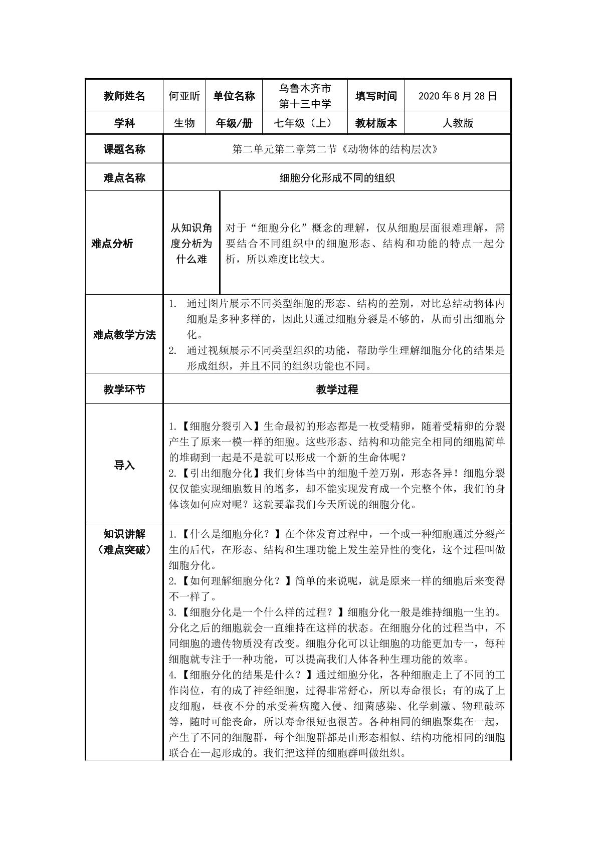 细胞分化形成不同的组织