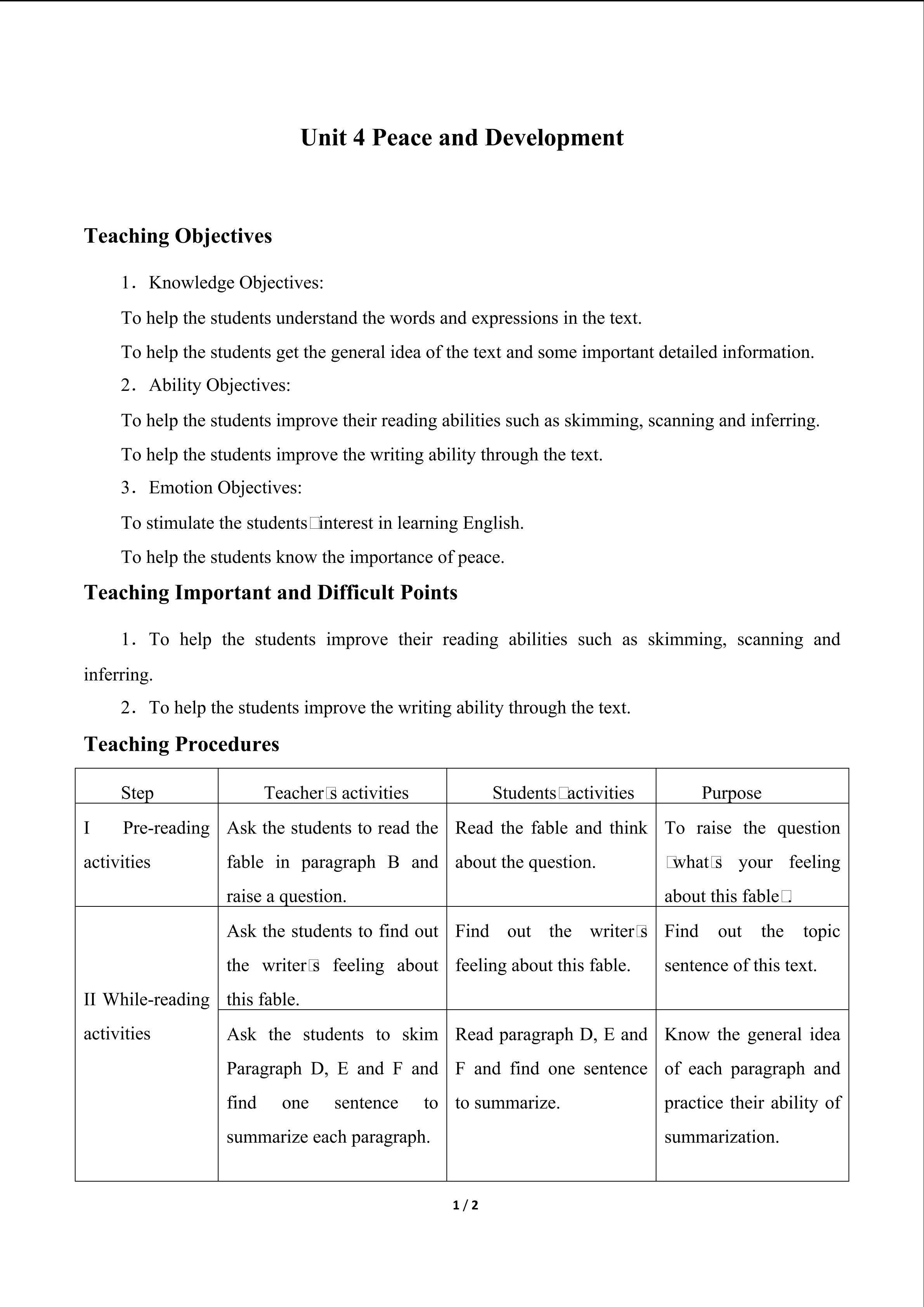 Unit 4 Peace and Development_教案1