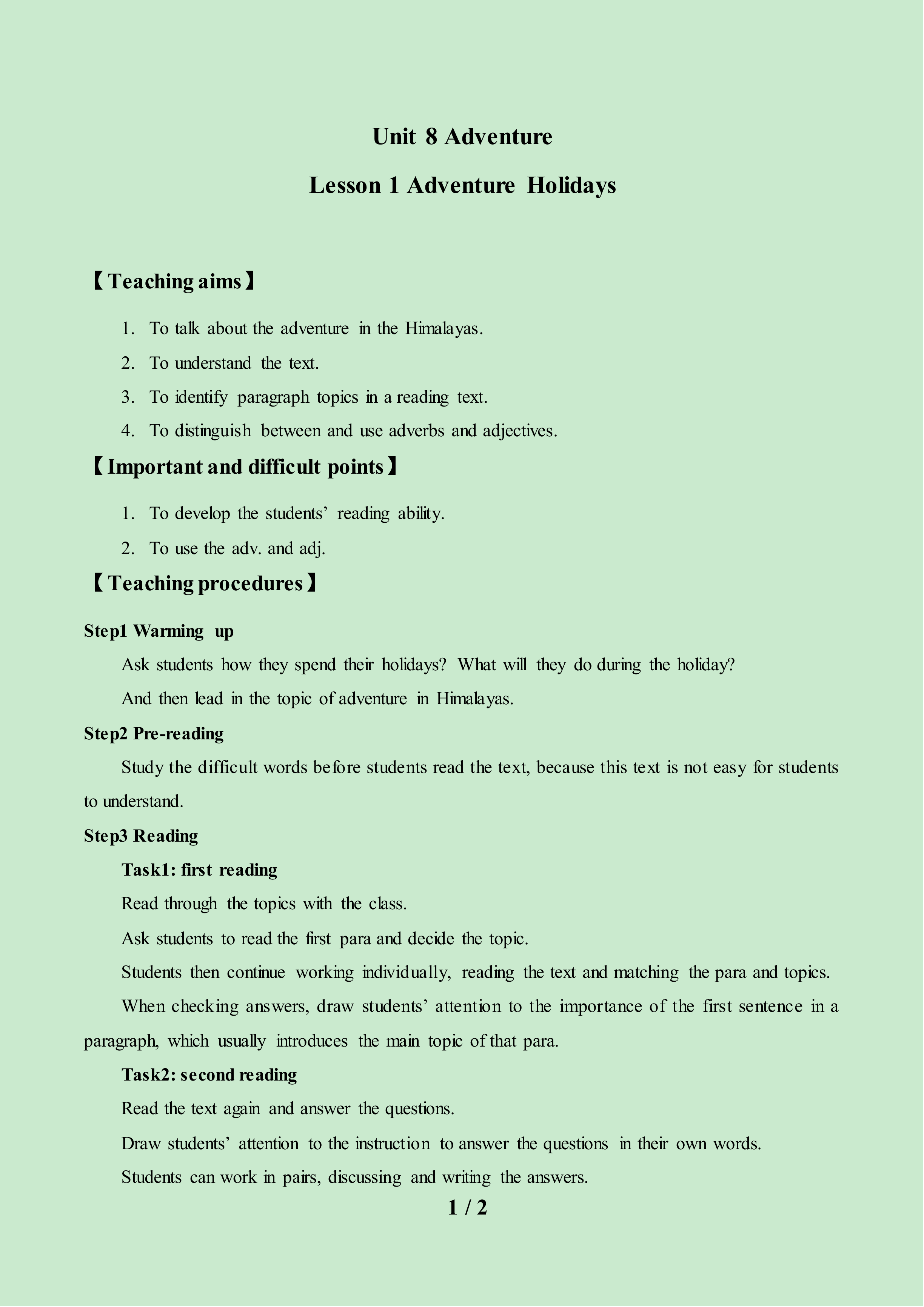 Lesson 1 Adventure Holidays_教案2