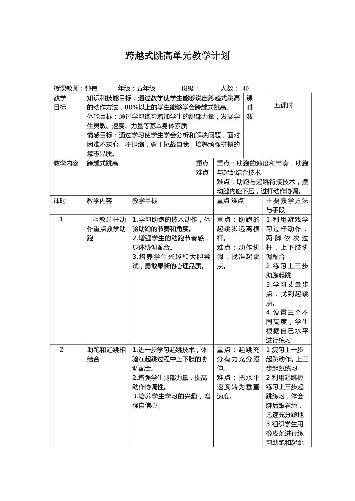 跨越式跳高单元计划和教学设计