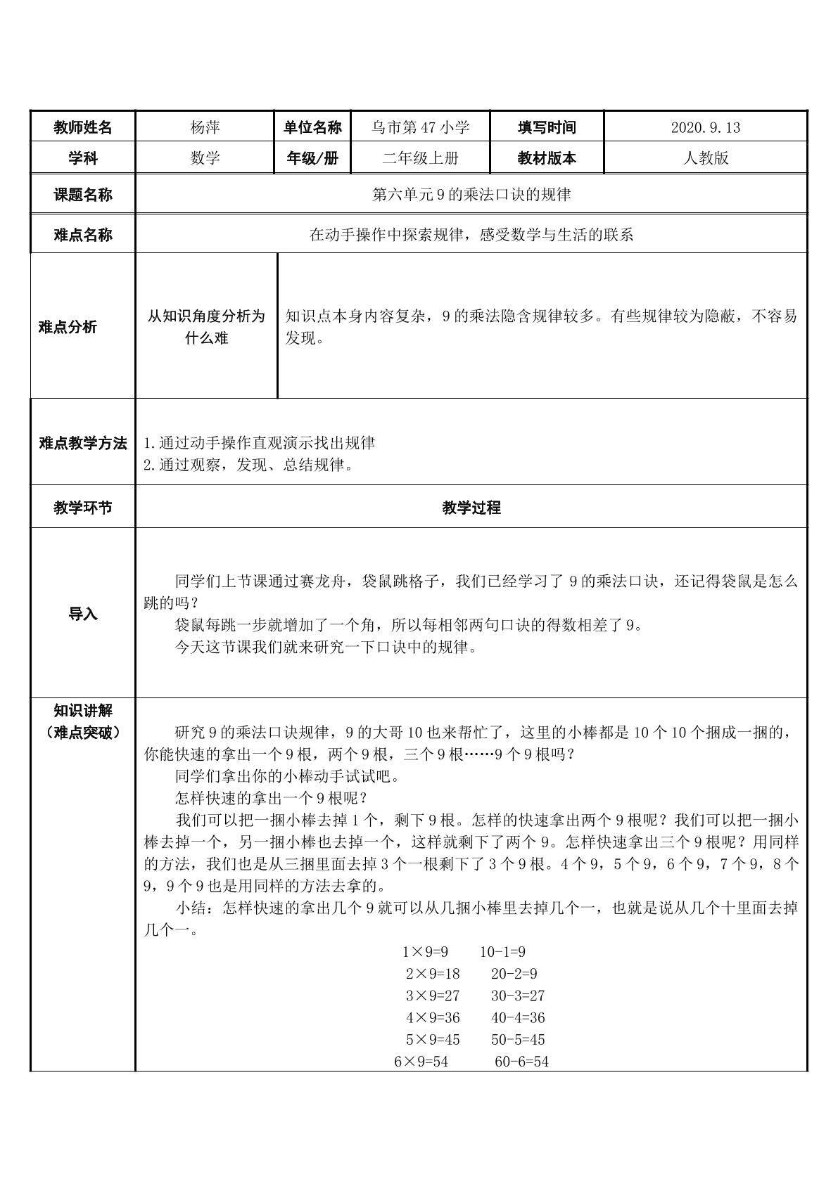 9的乘法口诀积的规律