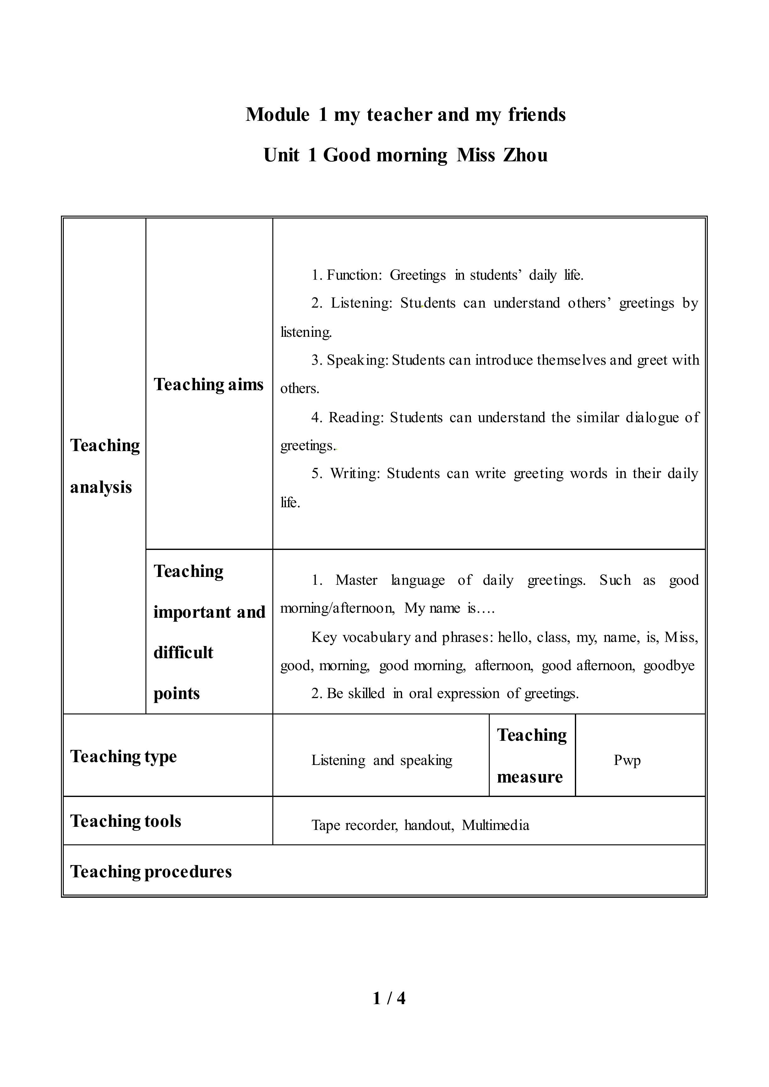 Unit 1 Good morning, Miss Zhou._教案1