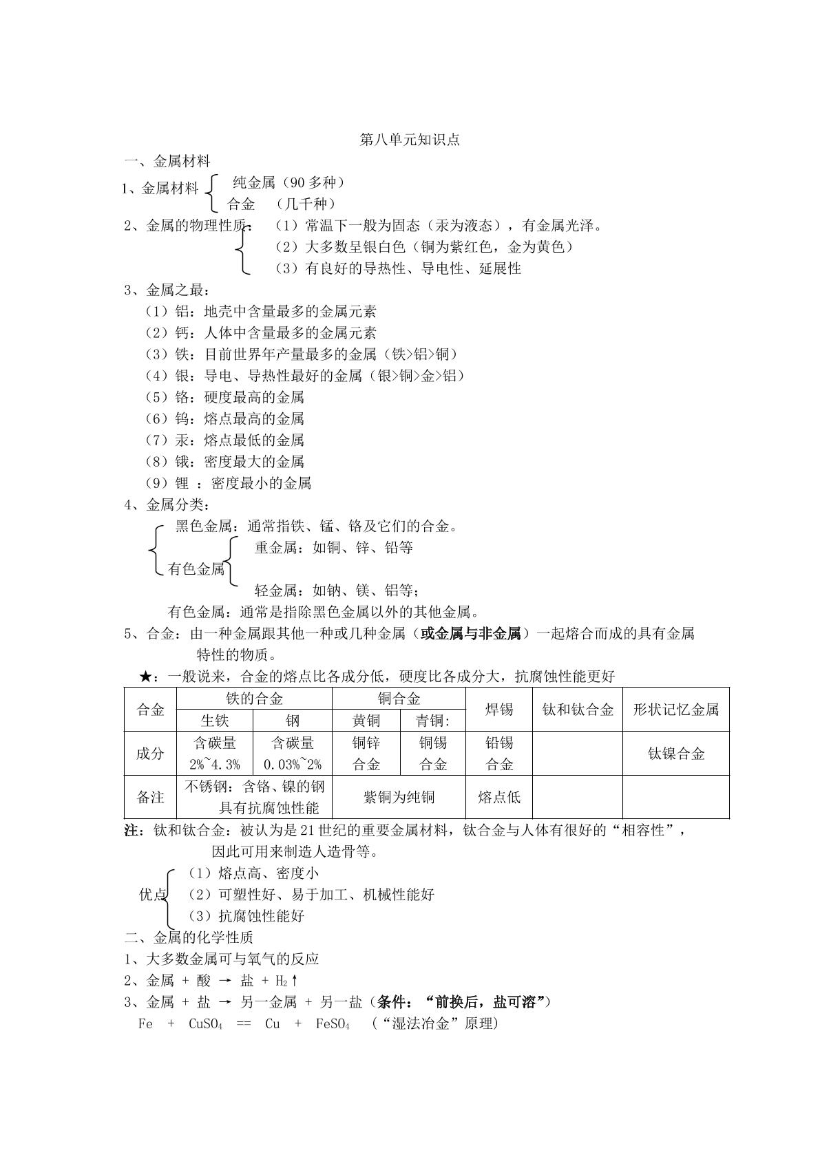 《第八单元金属和金属材料》单元小结