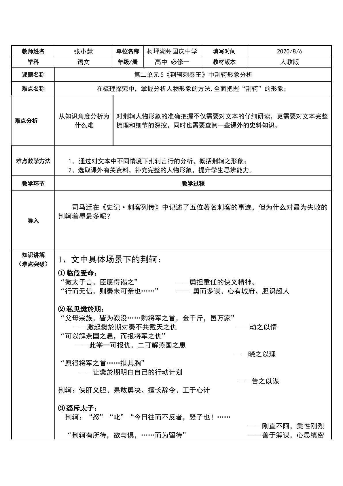 荆轲刺秦王中“荆轲”形象分析