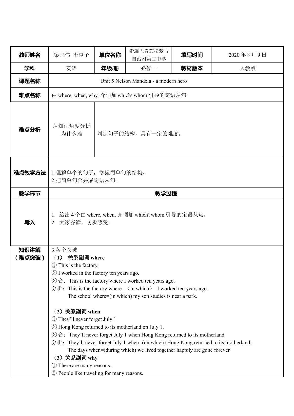 关系副词where、when、why在定语从句中的用法