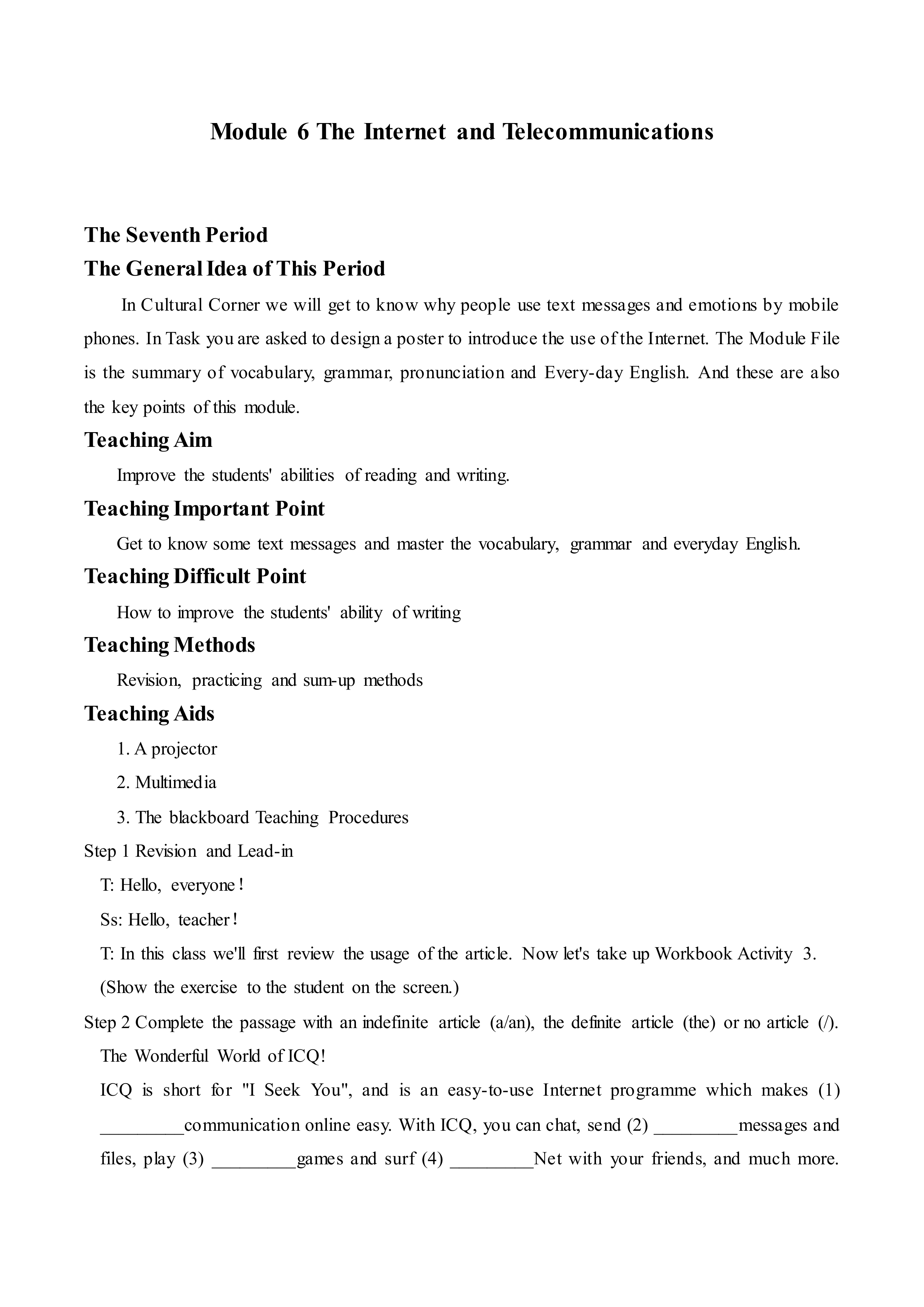  The Internet and Telecommunications _教案5