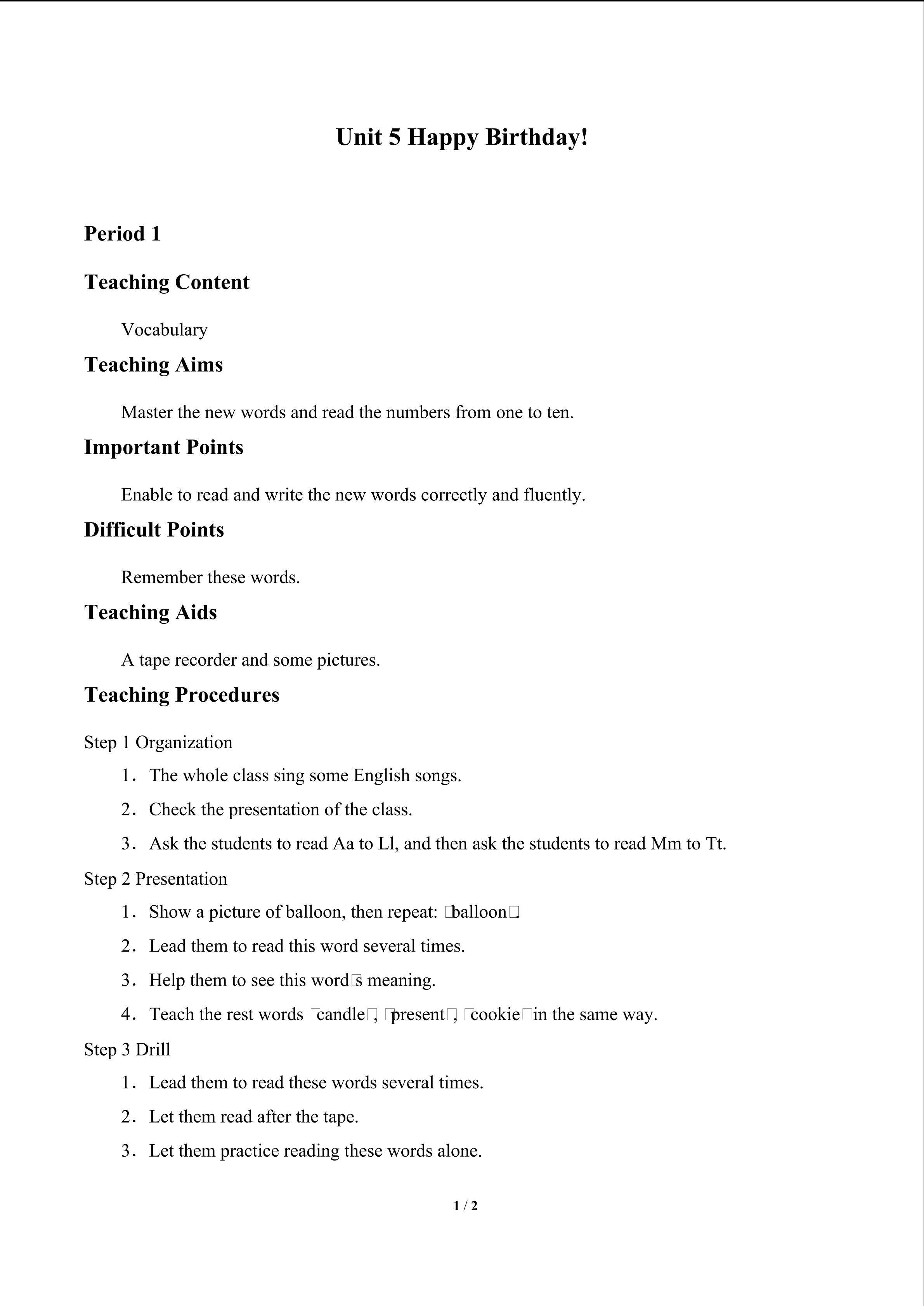 Unit 5 Happy Birthday!_教案1