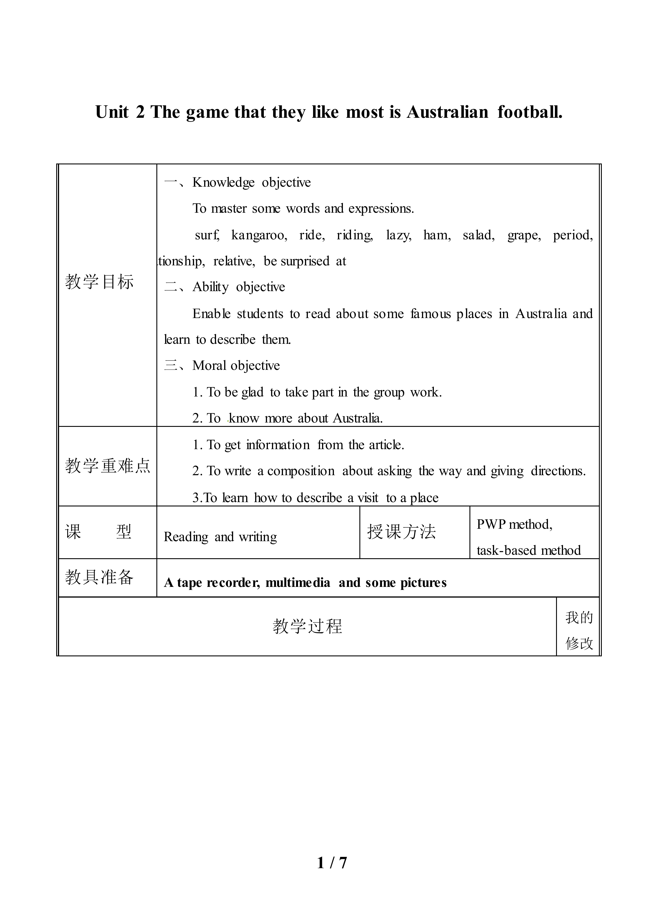 Unit 2 The game that they like most is Australian football._教案1