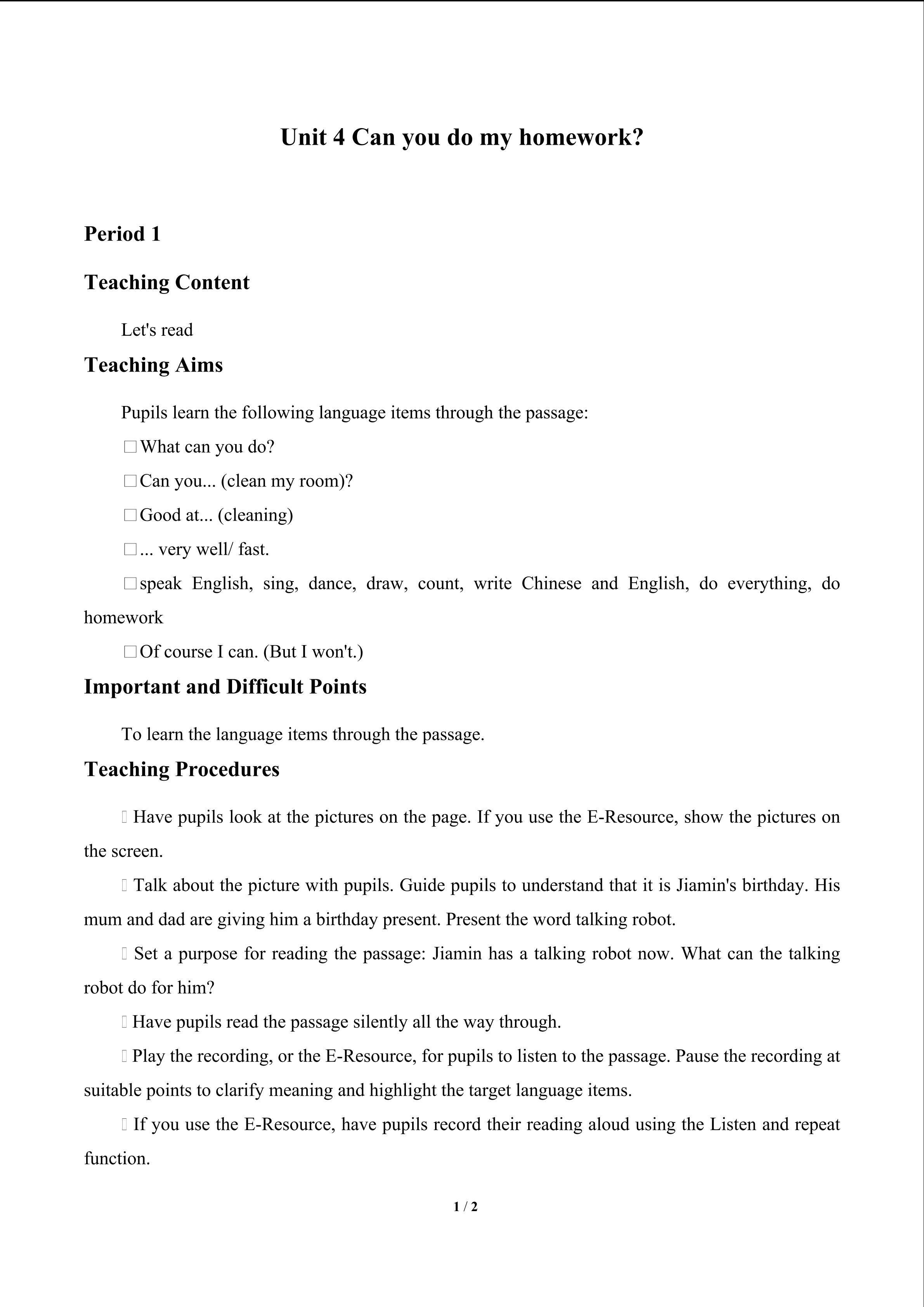 Unit 4 Can you do my homework?_教案2