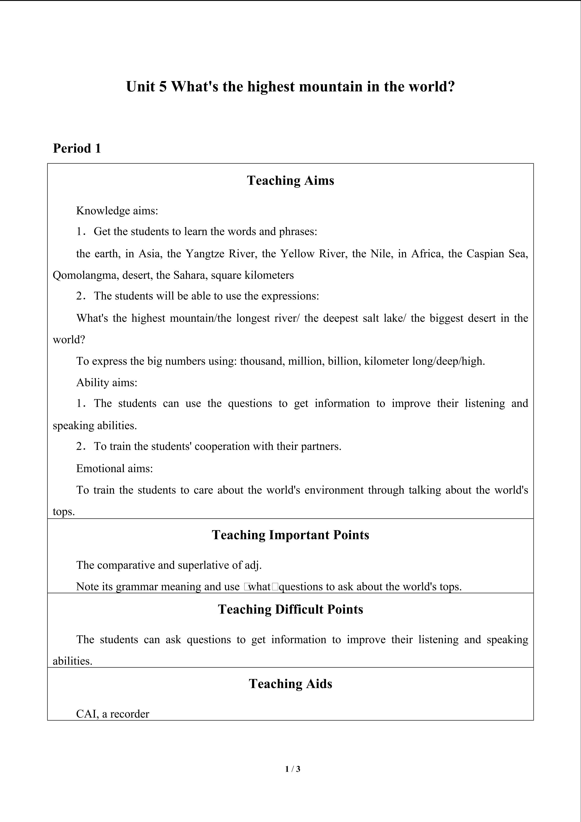Unit 5 What's the highest mountain in the world?_教案1