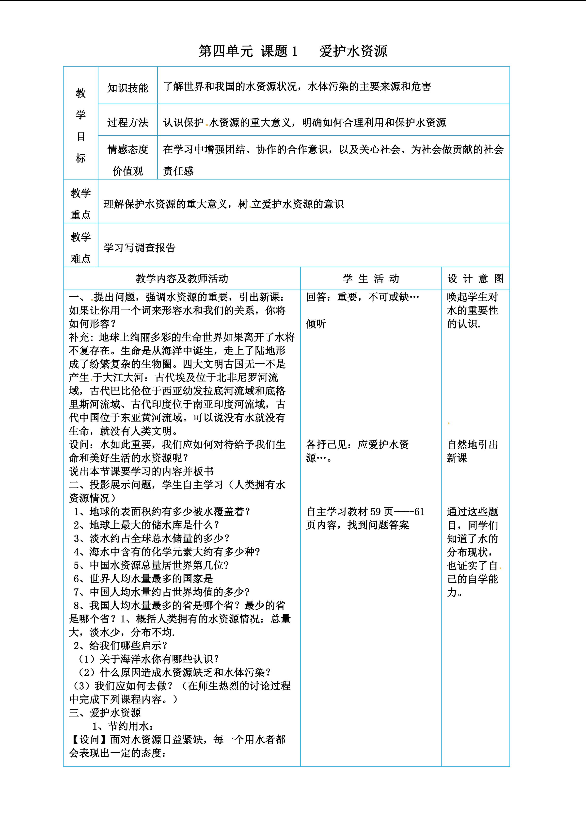 第四单元 第一节  爱护水资源