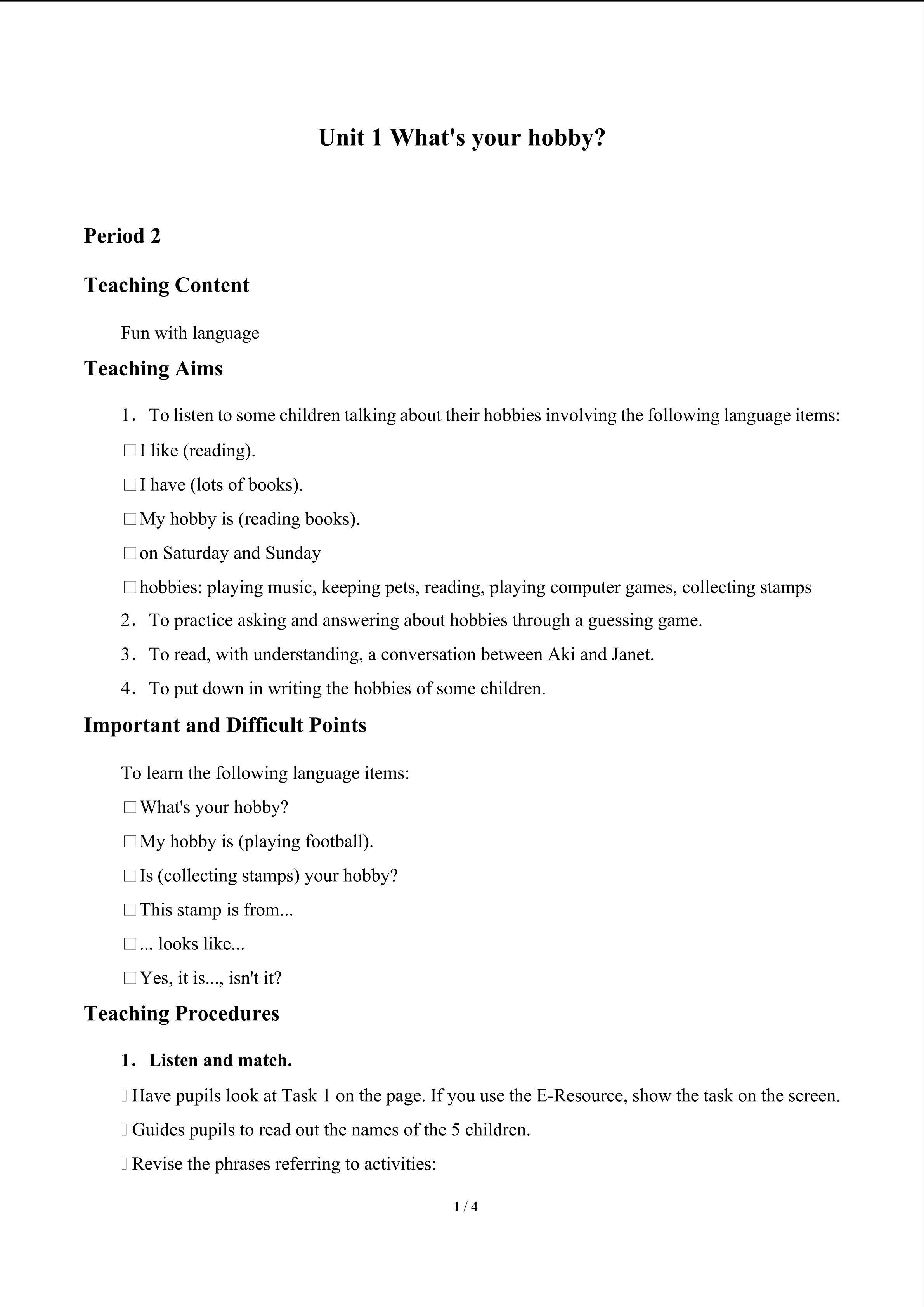 Unit 1 What's your hobby?_教案3