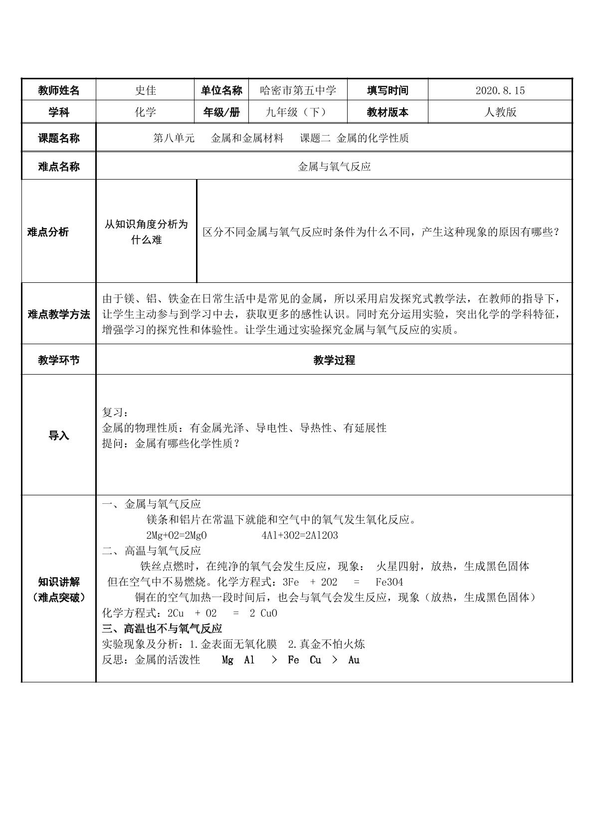 第八单元金属材料 课题二 金属的化学性质