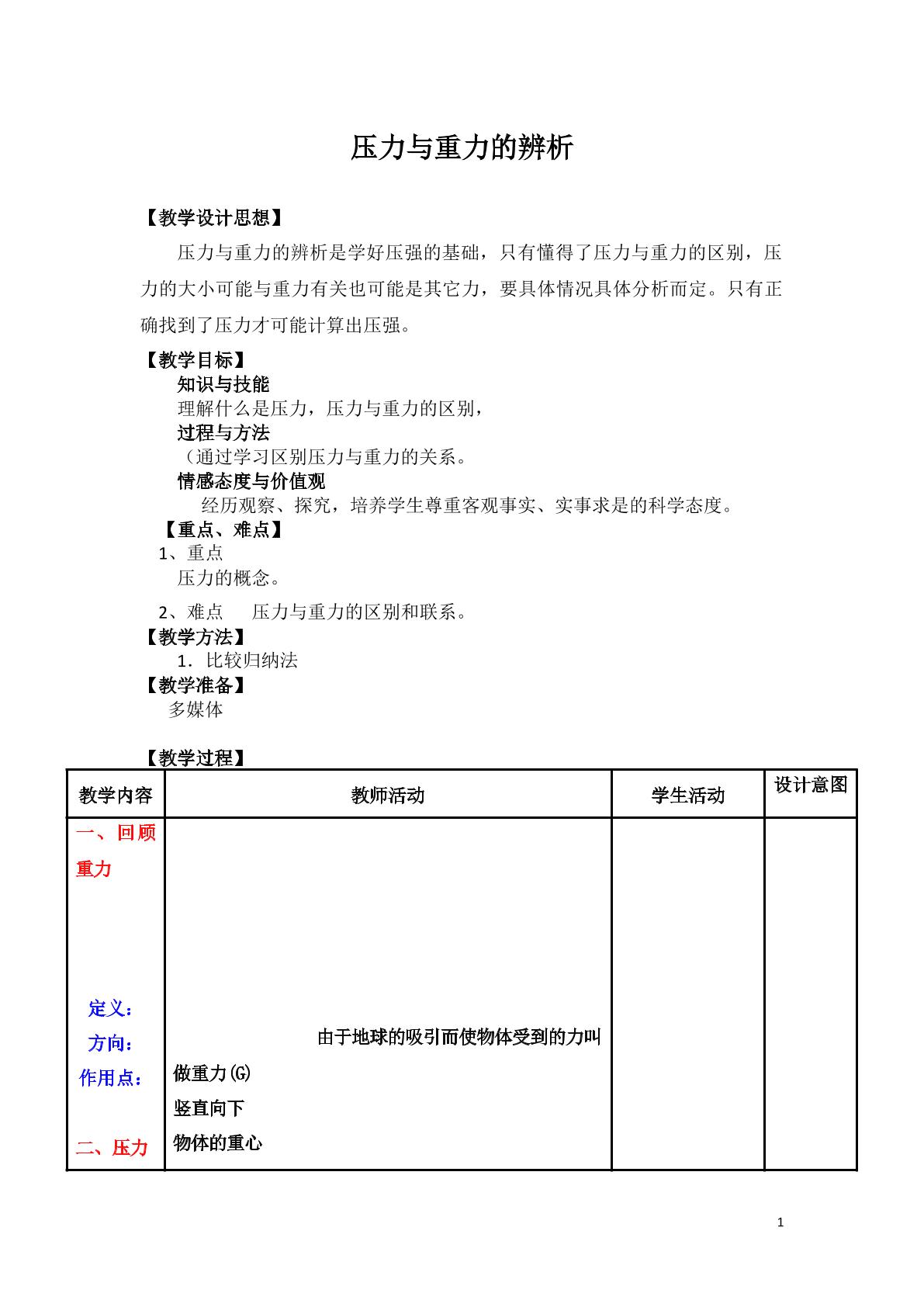 压力与重力的辨析