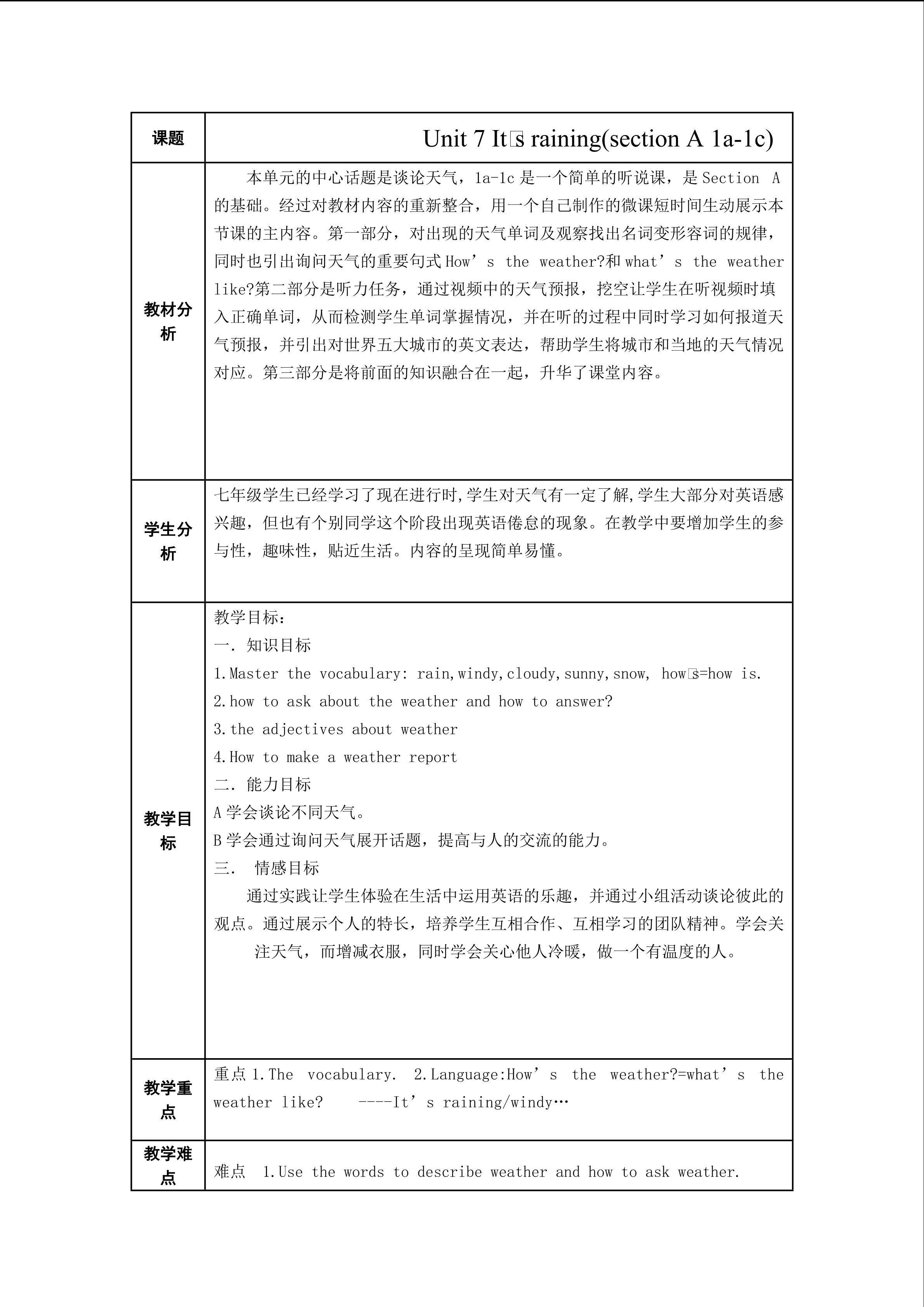 Unit 7 It’s raining(section A 1a-1c)