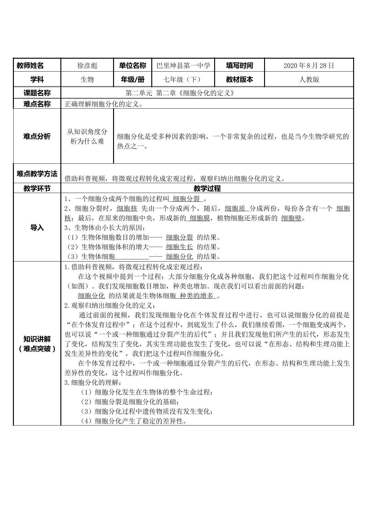 细胞分化的定义