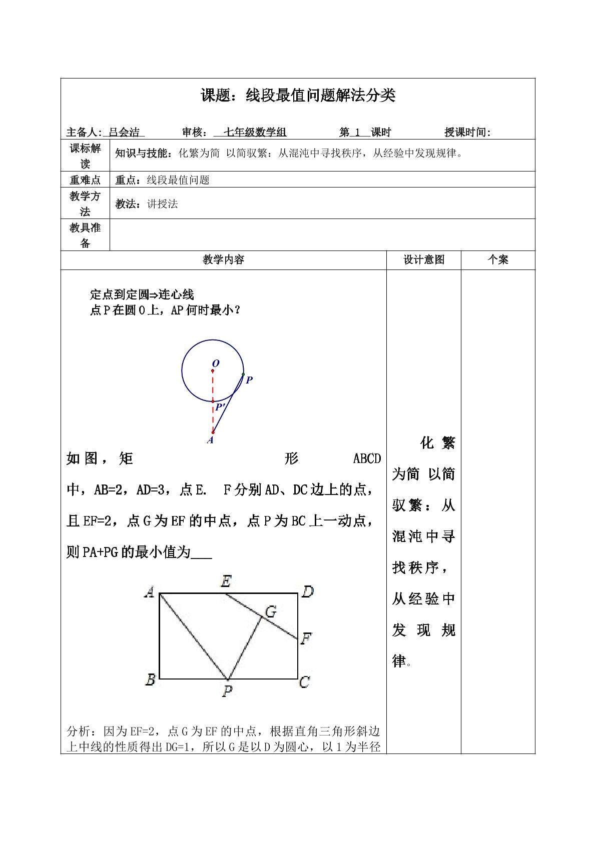 最短路径：定点到定圆⇒连心线
