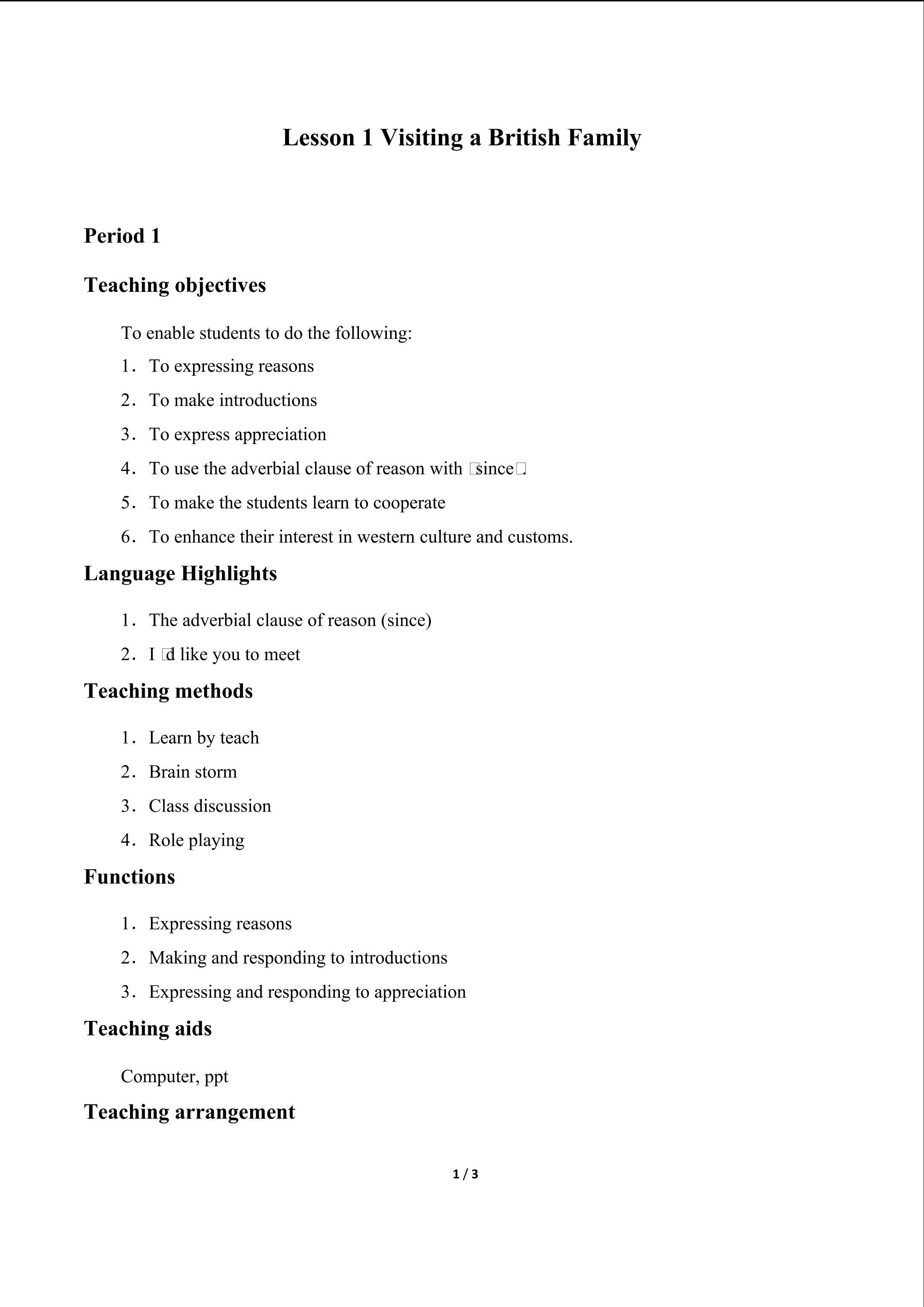 Lesson 1 Visiting a British Family_教案1
