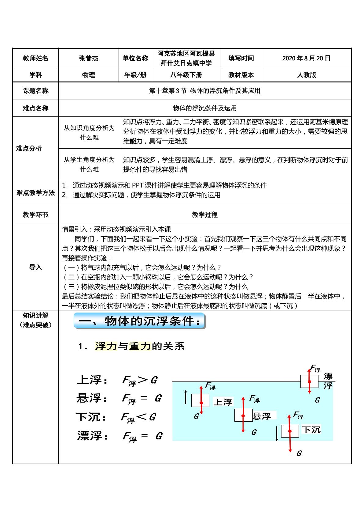 物体的浮沉条件及应用（示范课例）