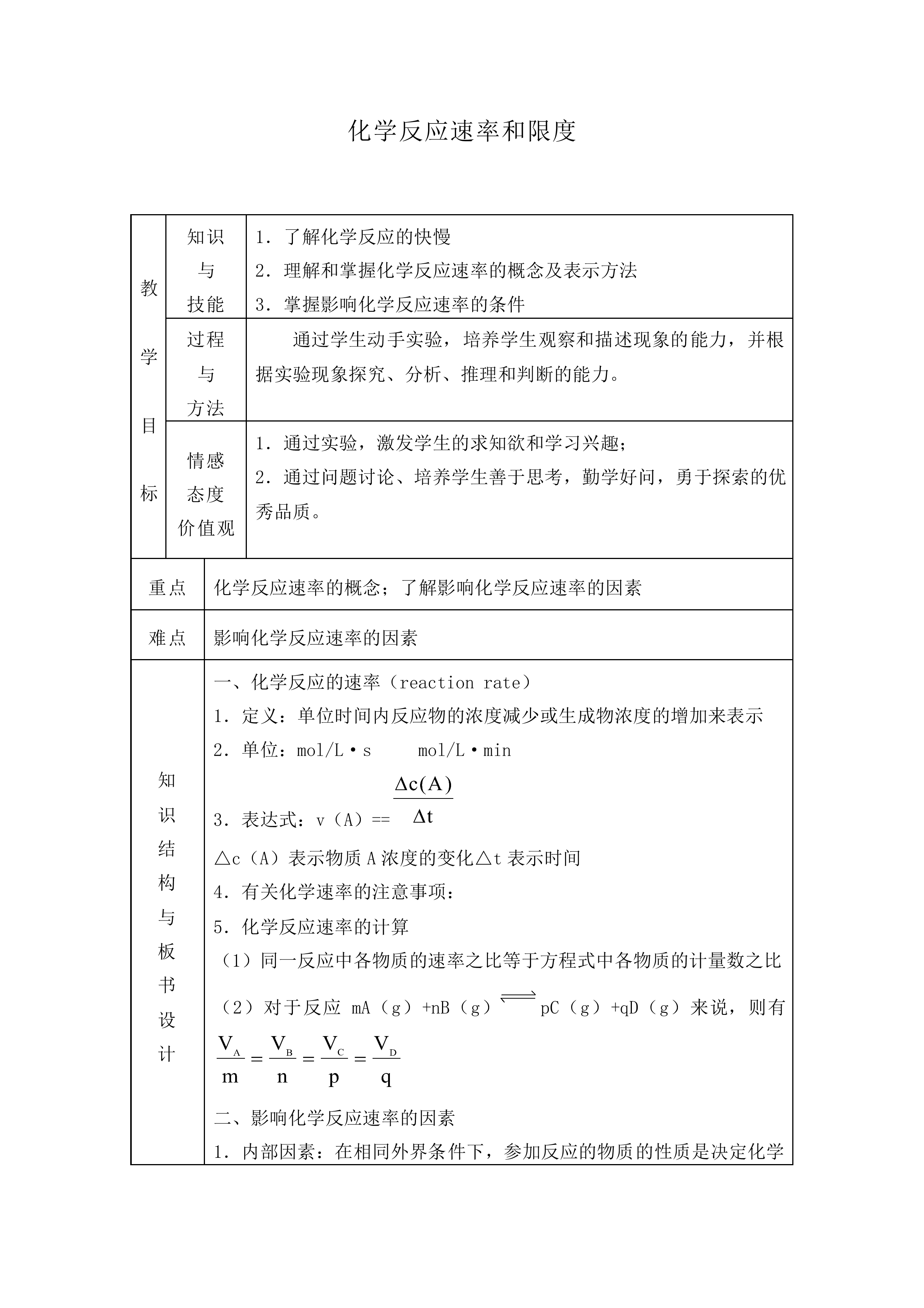 化学反应的速率和限度_教案1