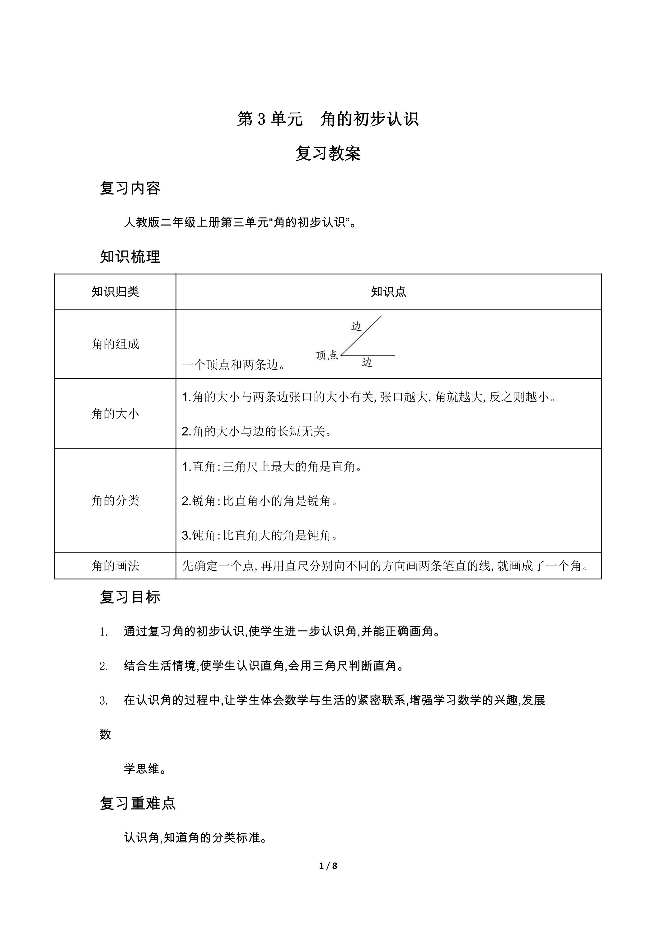 二年级上册数学人教版第3单元复习教案02