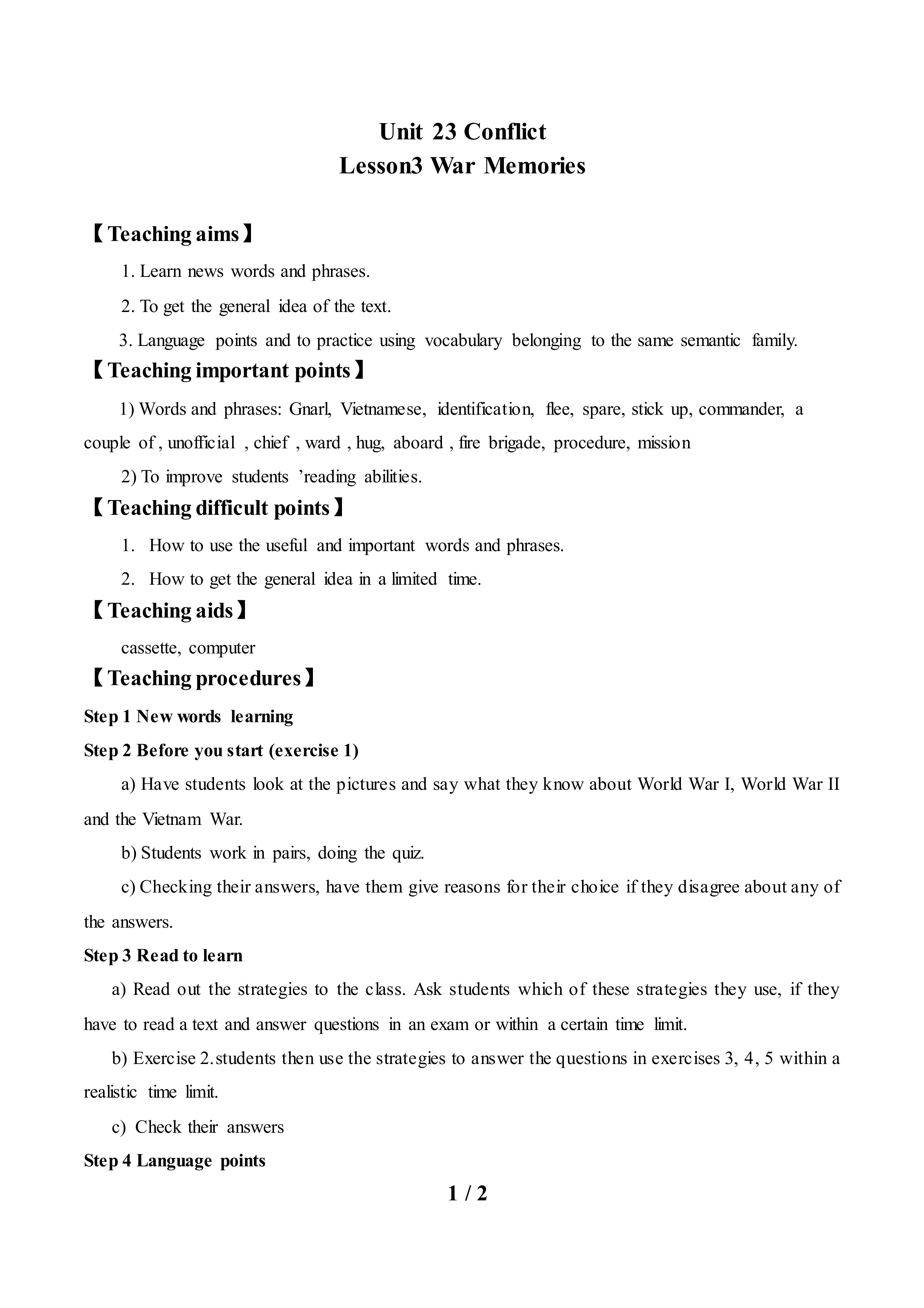 Lesson 3 War Memories_教案1