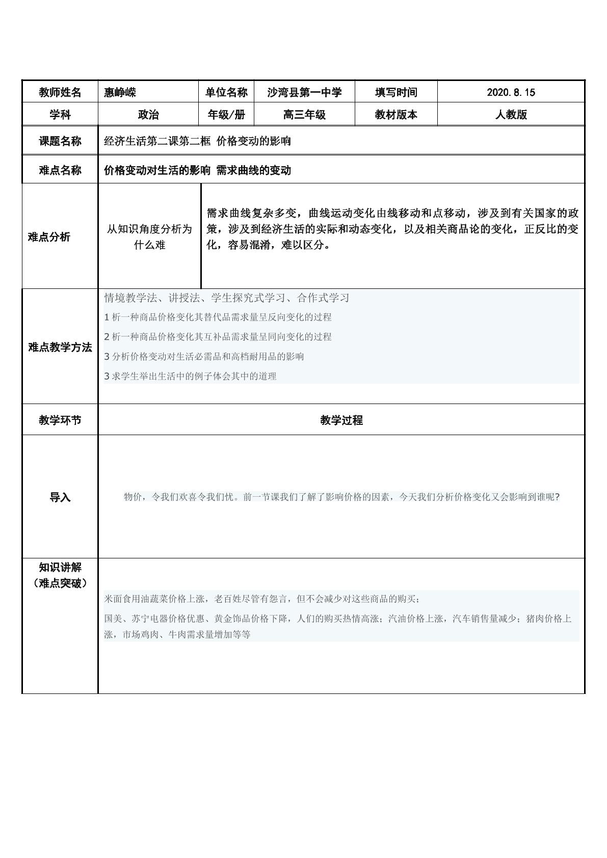 经济生活专题  需求曲线图
