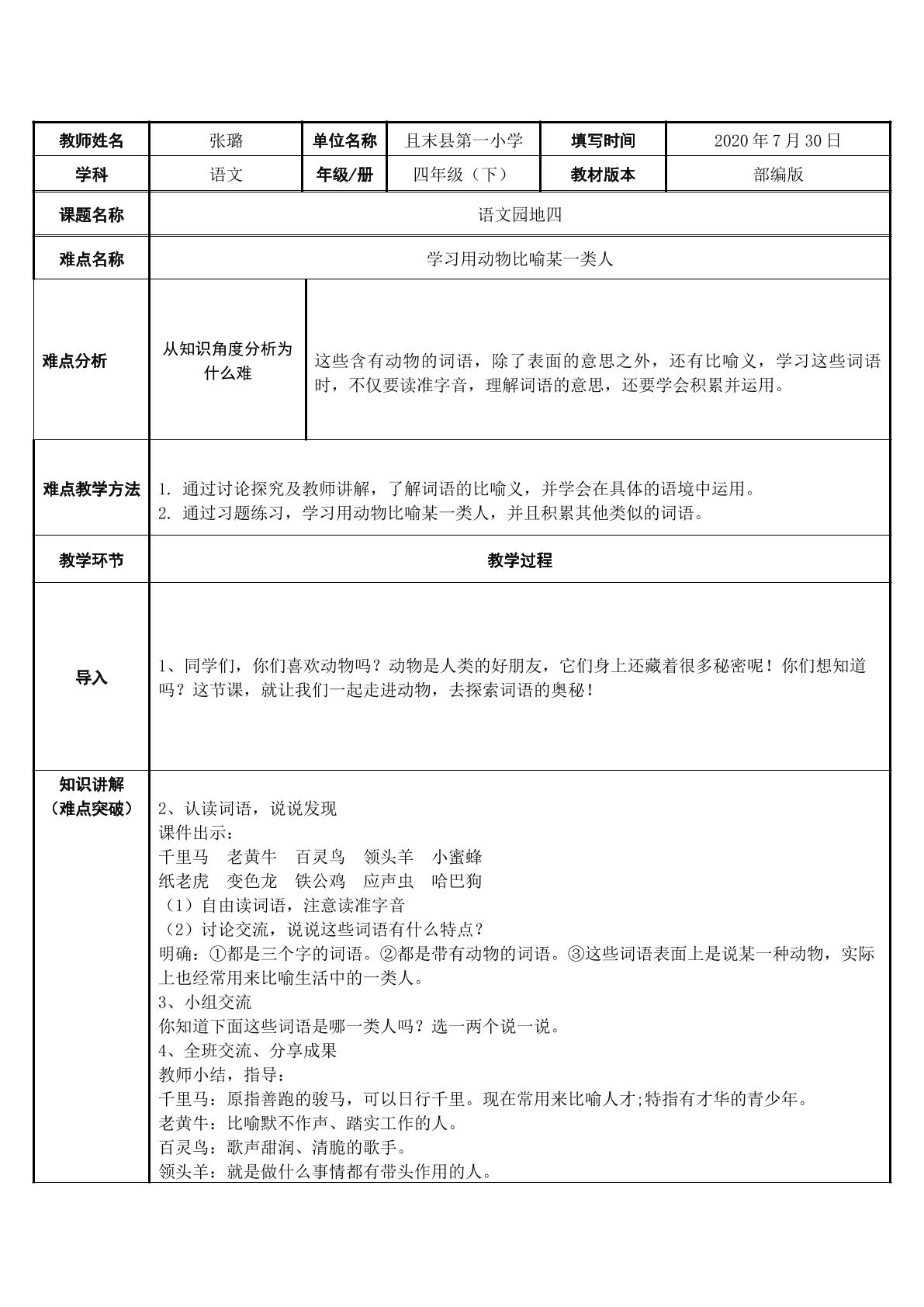 部编版语文四年级下册语文园地四学习用动物比喻某一类人