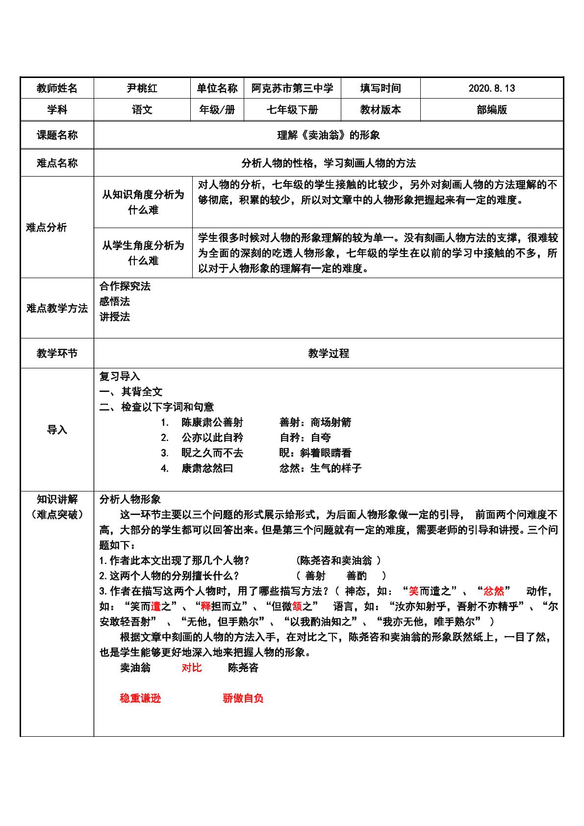 理解卖油翁的形象