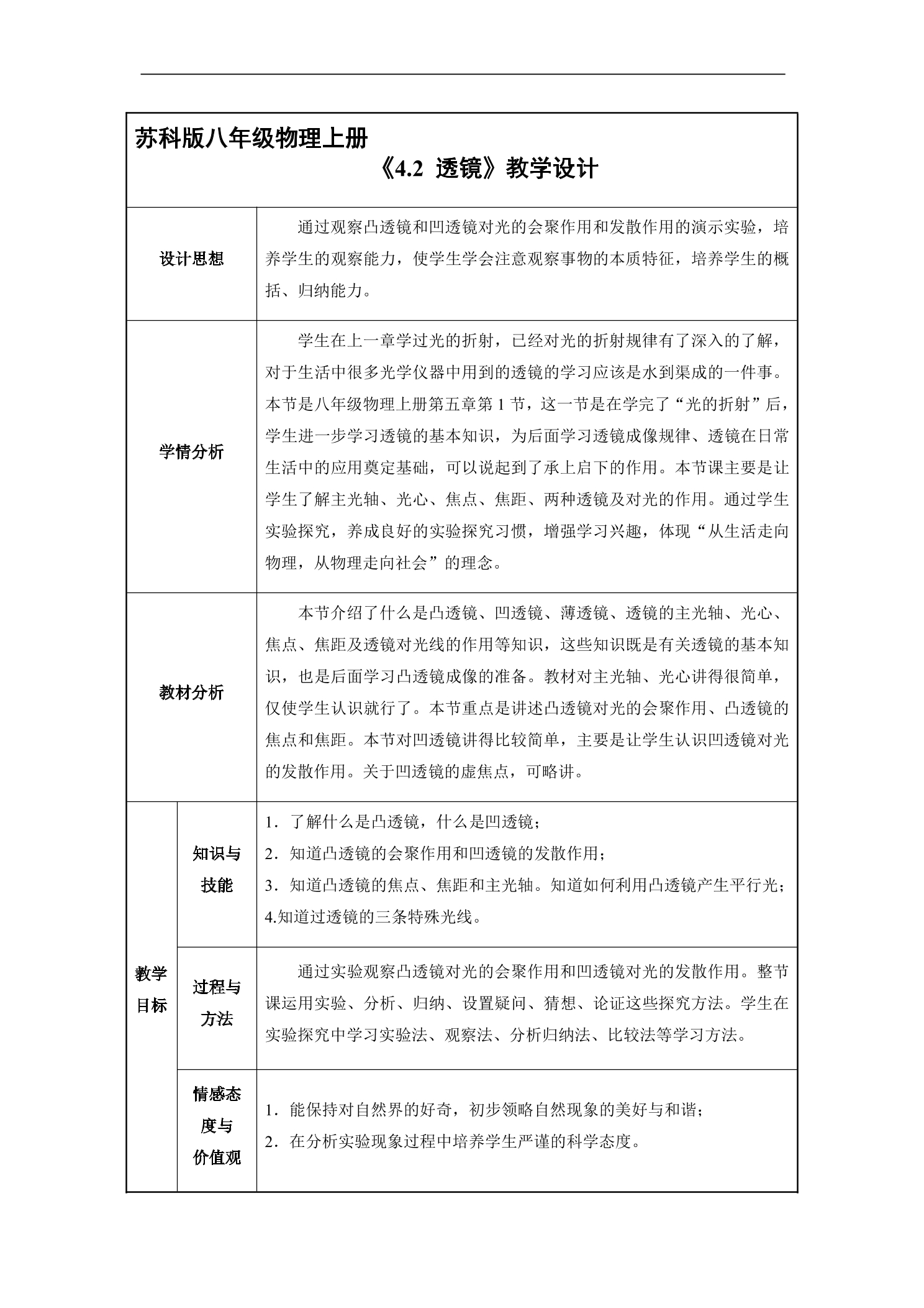 【★★】8年级物理苏科版上册教案《4.2 透镜》
