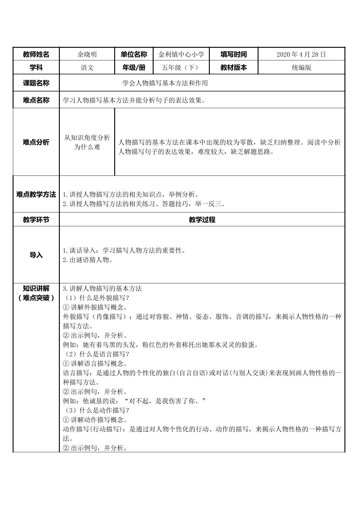 学会人物描写基本方法和作用