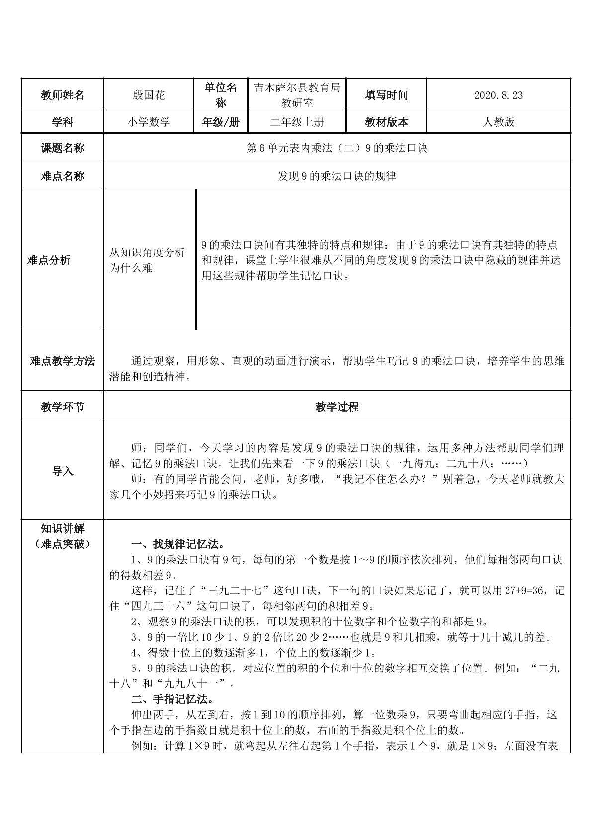 9的乘法口诀的规律