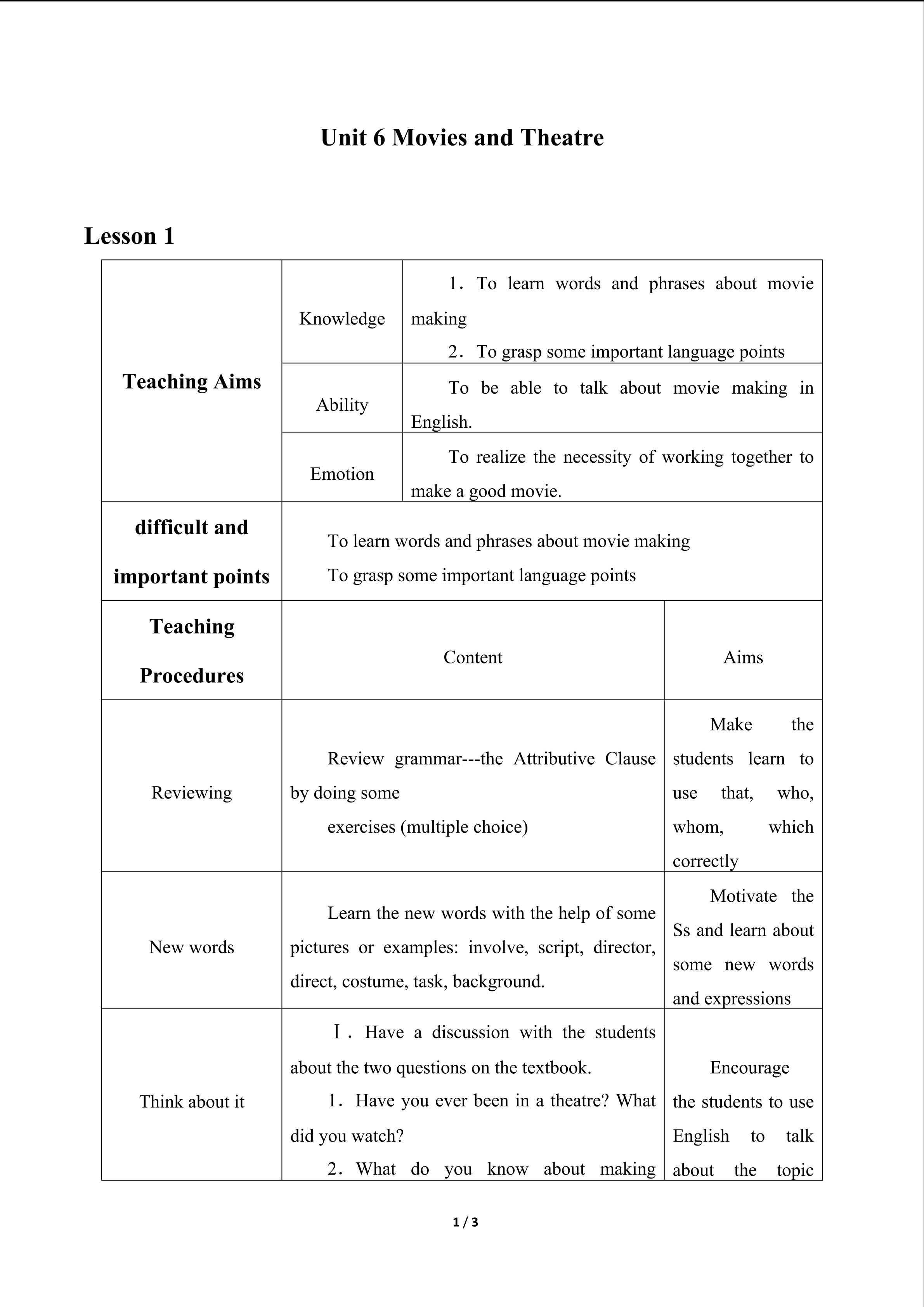 Unit 6 Movies and Theatre_教案1