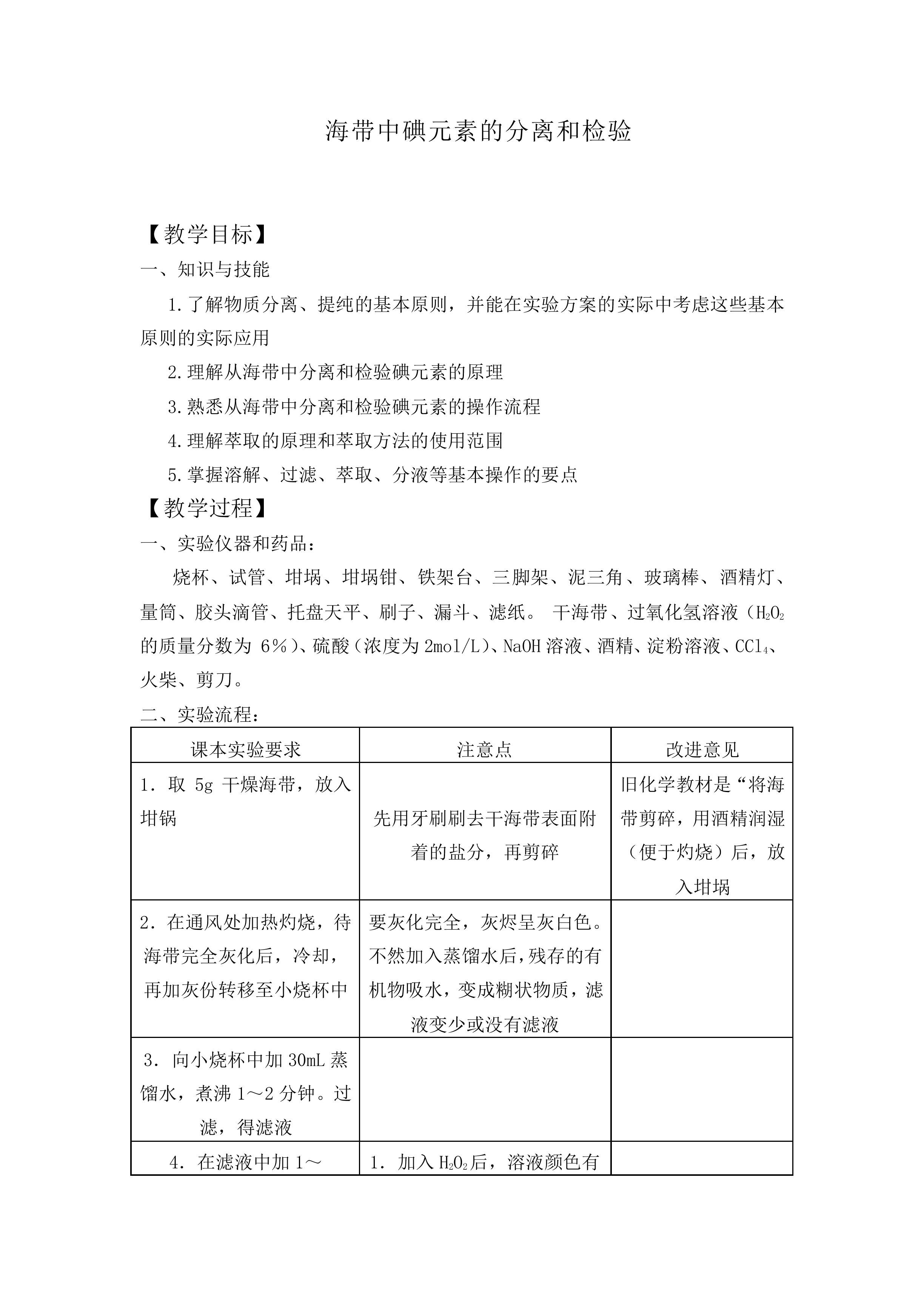 海带中碘元素的分离及检验_教案2