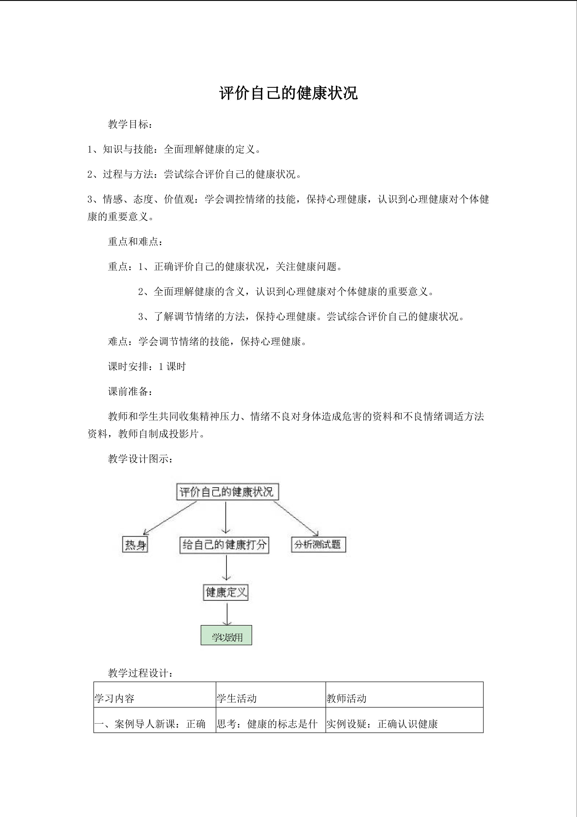 《评价自己的健康状况》教学设计