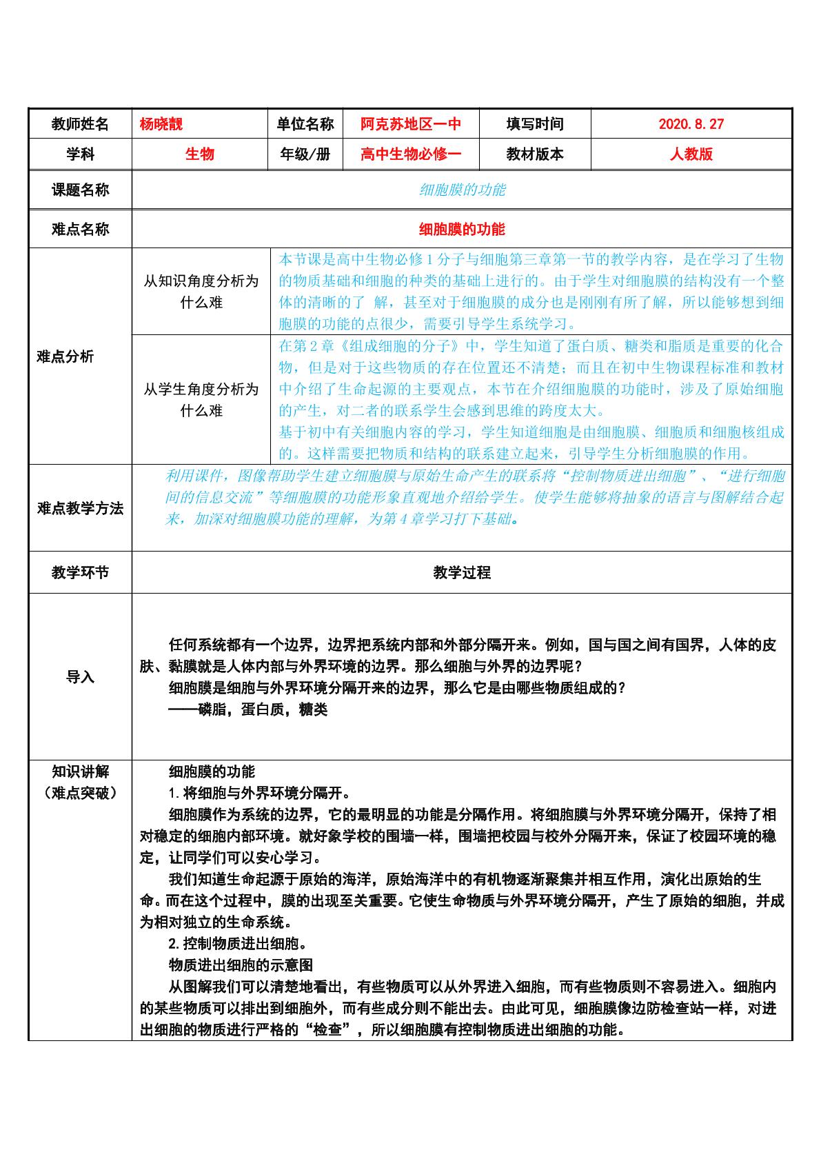 细胞膜的功能