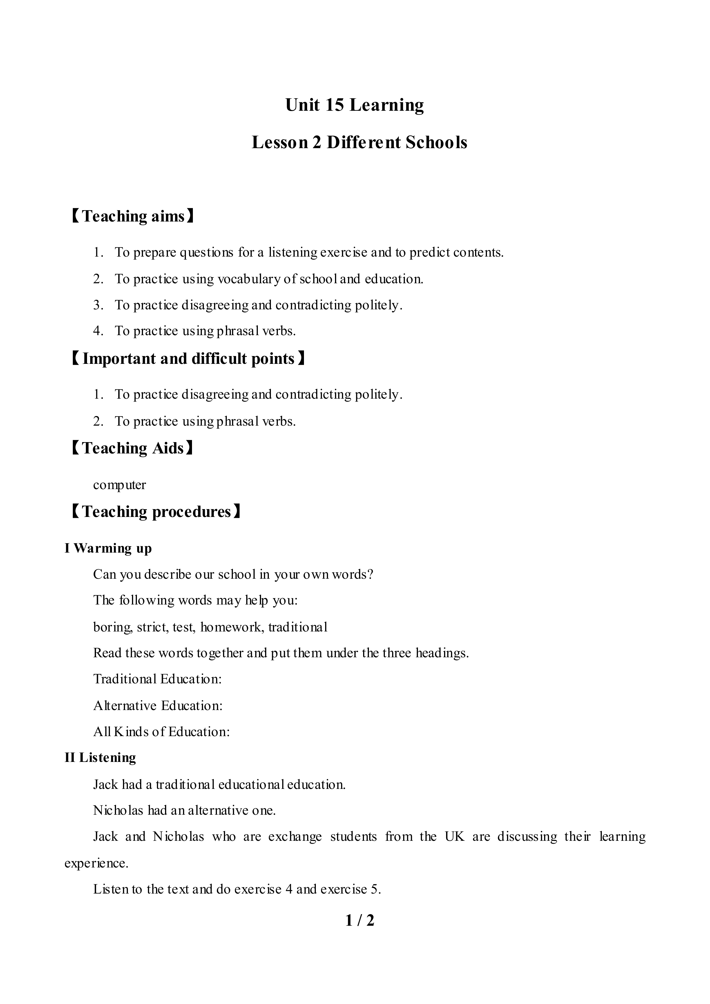 Lesson 2 Different Schools_教案1